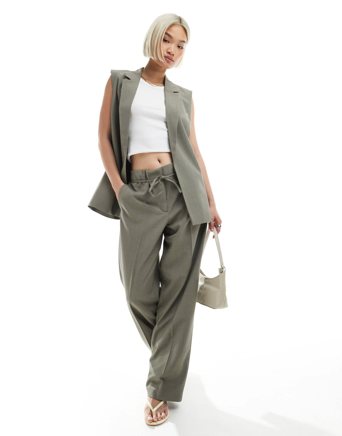 ONLY longline open waistcoat co-ord in sage grey - ASOS Sample Sale
