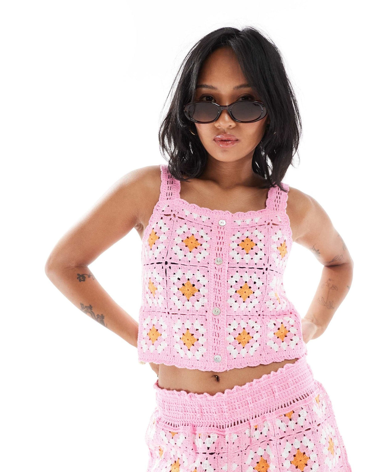 ONLY Petite crochet cropped top co-ord in pink floral - ASOS Sample Sale
