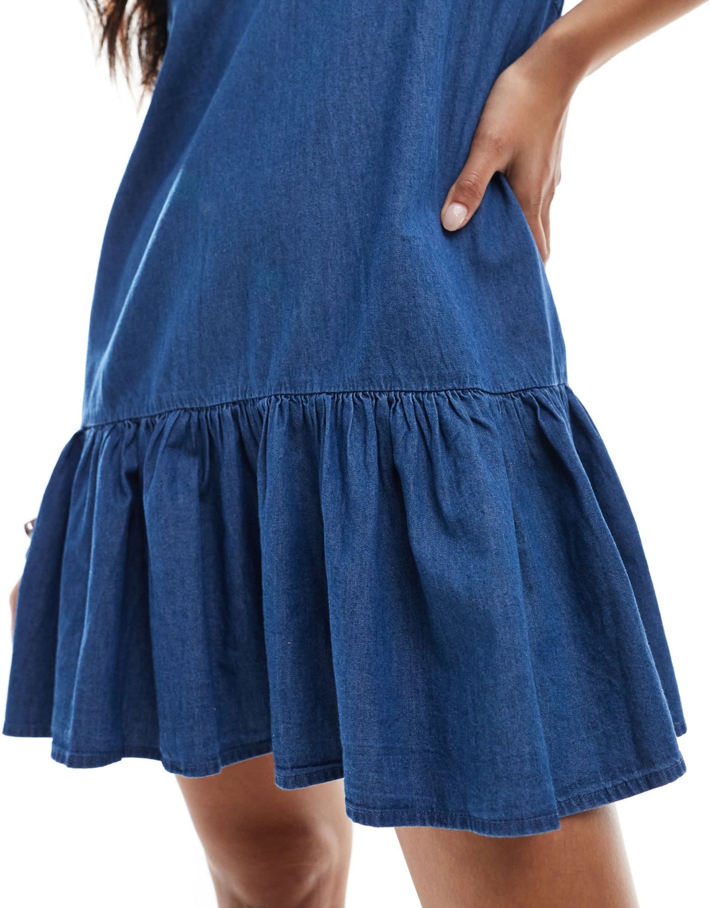 ONLY Petite dropped waist chambray mini dress in mid blue - ASOS Sample Sale