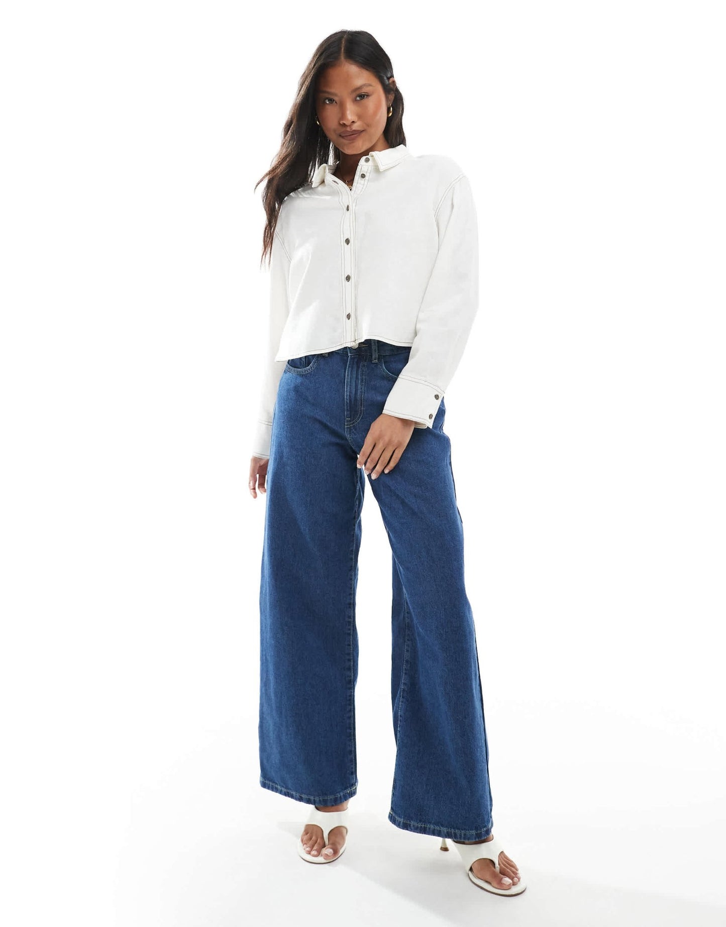 ONLY Petite linen cropped shirt with contrast stitch in white - ASOS Sample Sale