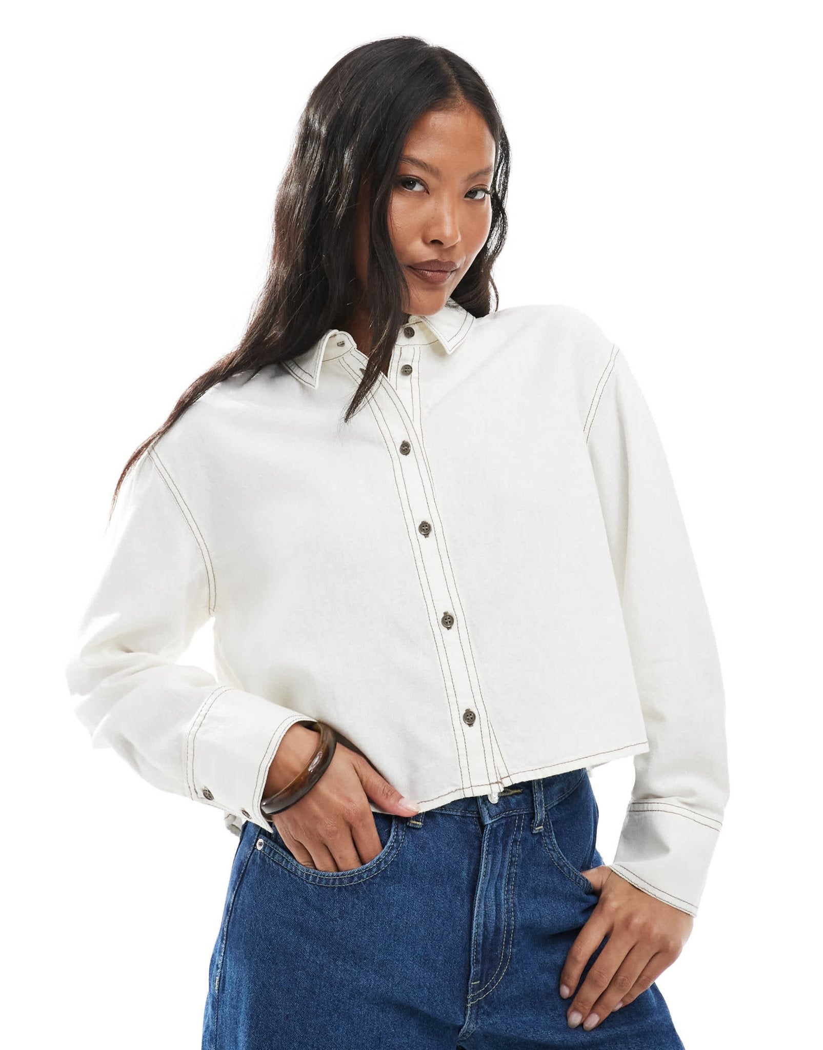 ONLY Petite linen cropped shirt with contrast stitch in white - ASOS Sample Sale