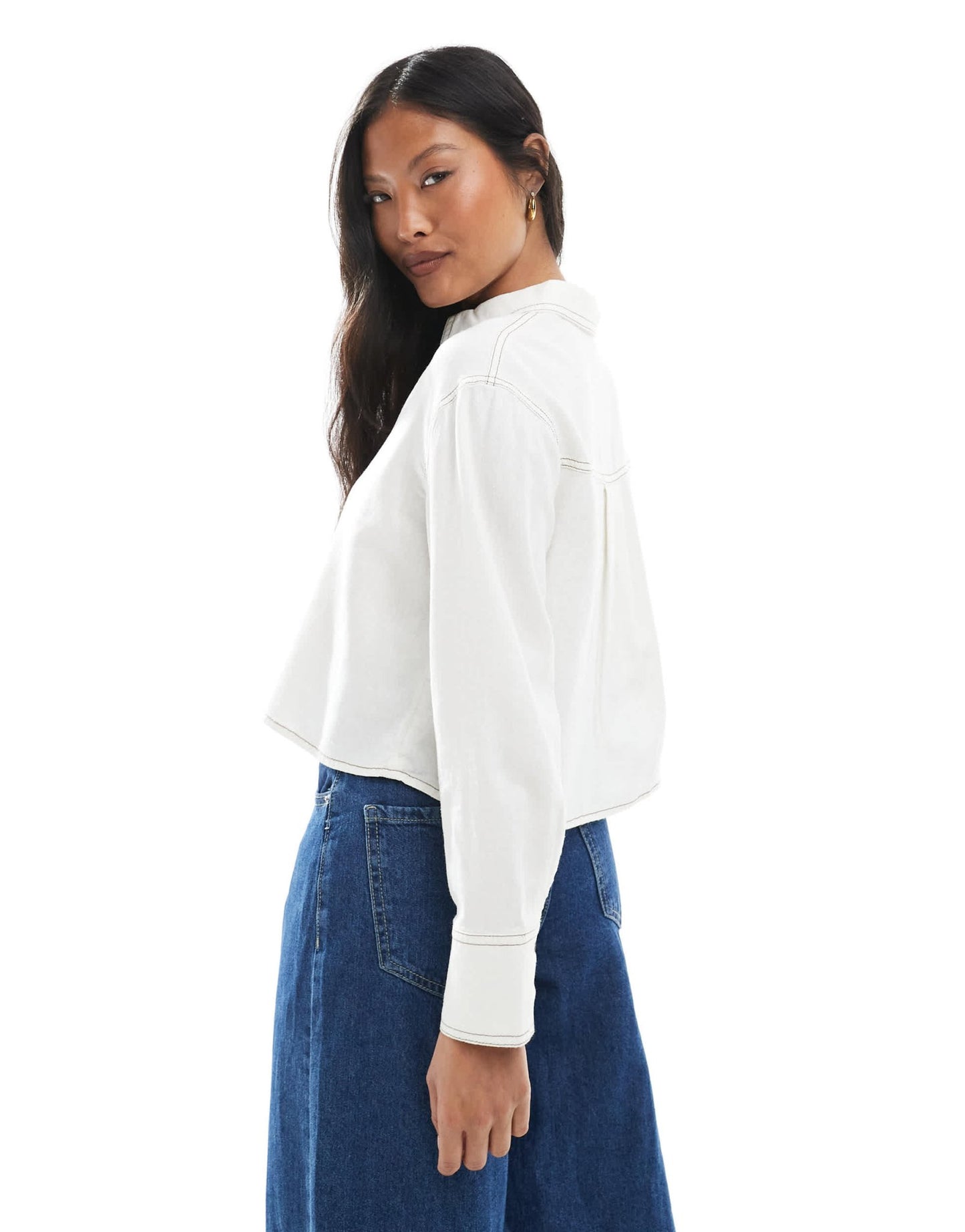 ONLY Petite linen cropped shirt with contrast stitch in white - ASOS Sample Sale