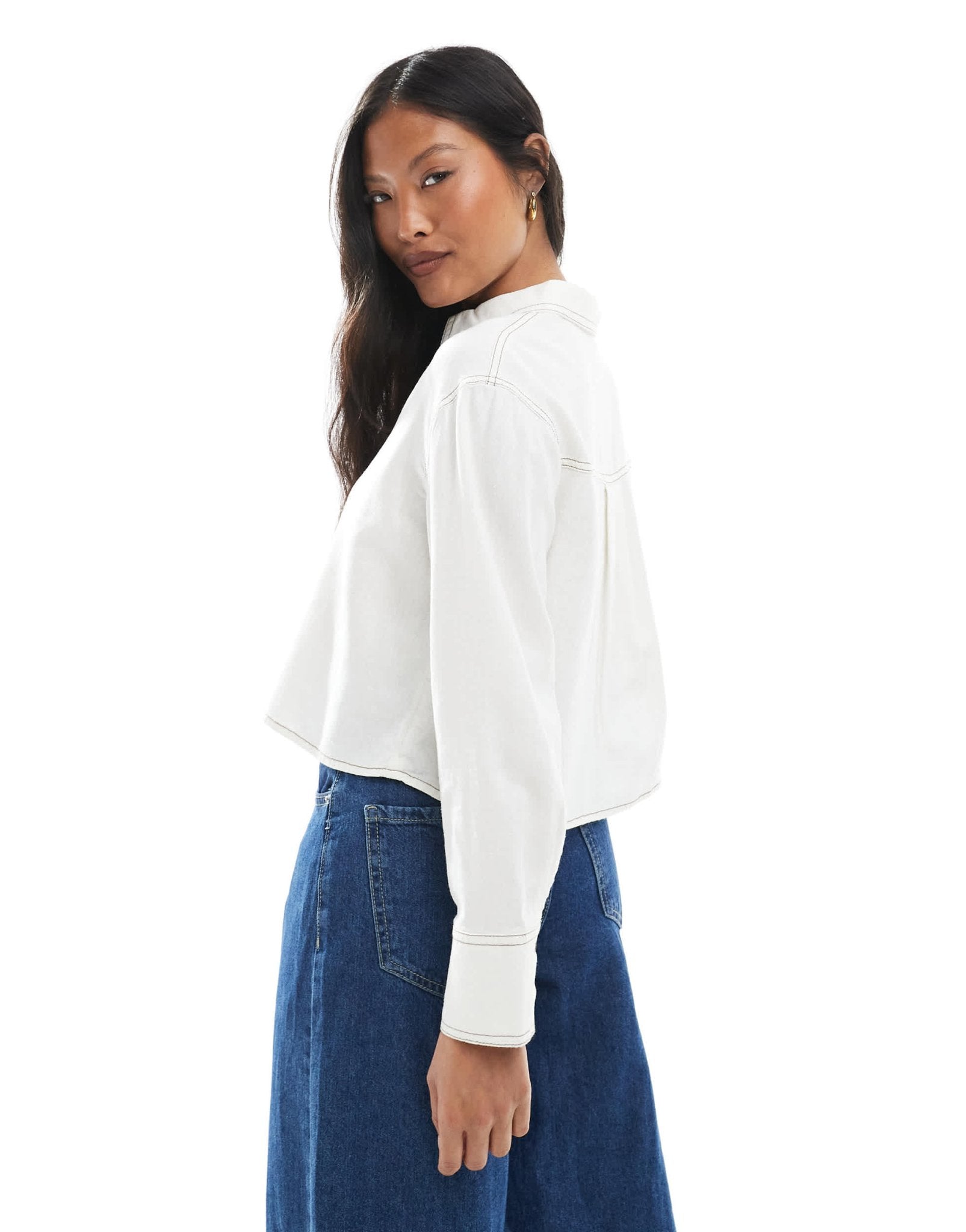 ONLY Petite linen cropped shirt with contrast stitch in white - ASOS Sample Sale