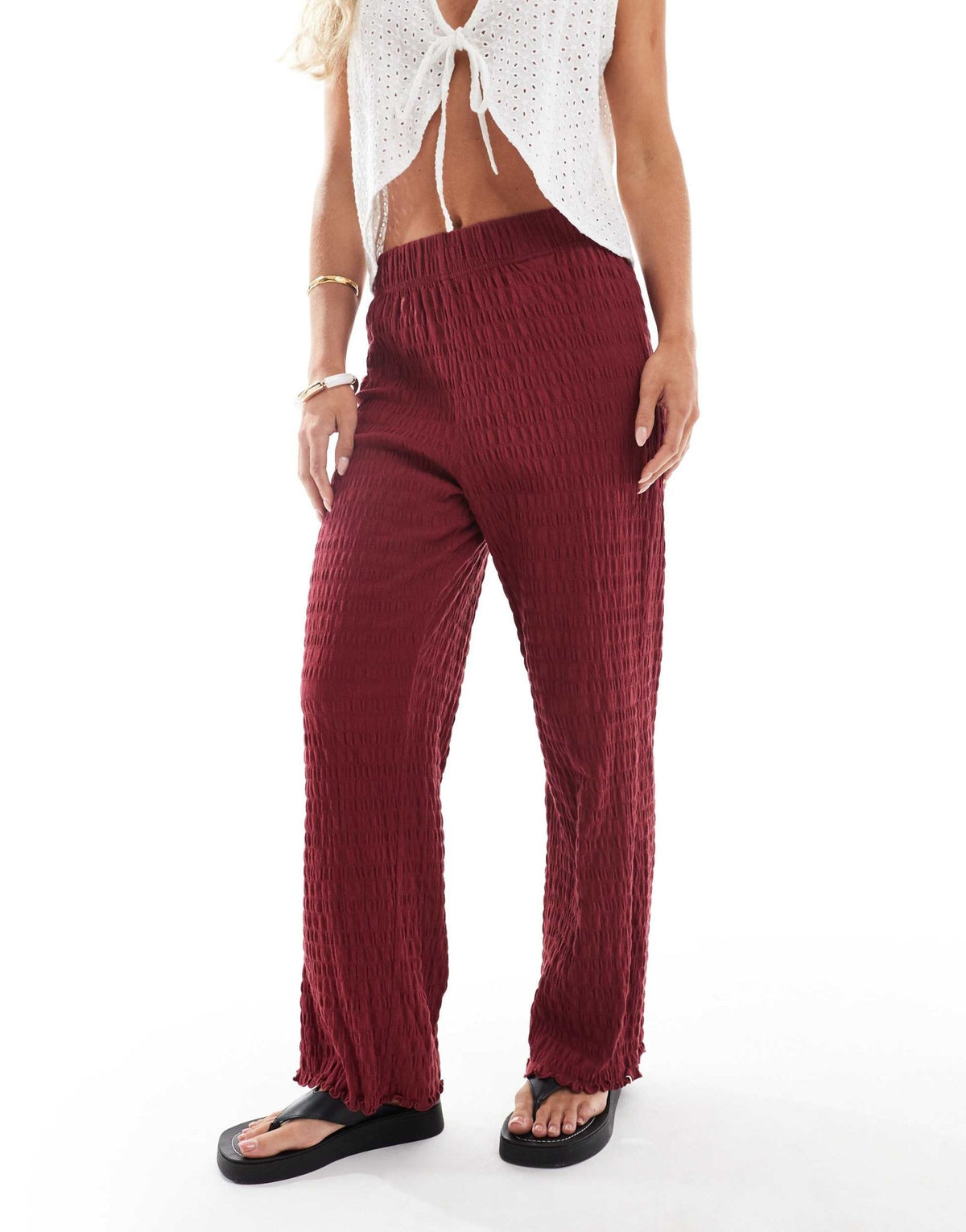 ONLY Petite relaxed fit shirred trousers in burgundy - ASOS Sample Sale
