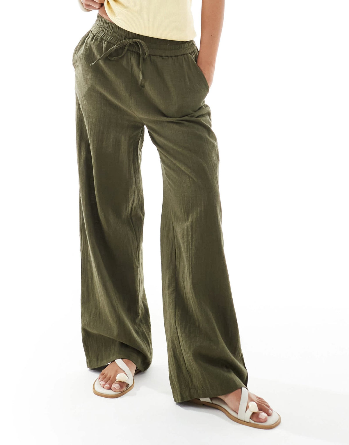 ONLY Petite wide leg linen look trousers in khaki - ASOS Sample Sale