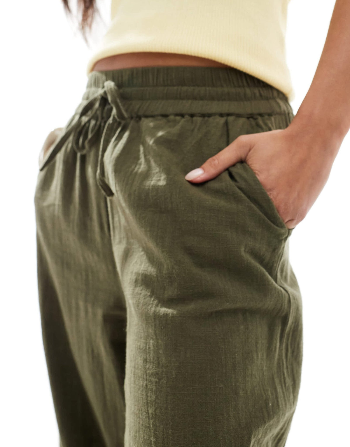 ONLY Petite wide leg linen look trousers in khaki - ASOS Sample Sale