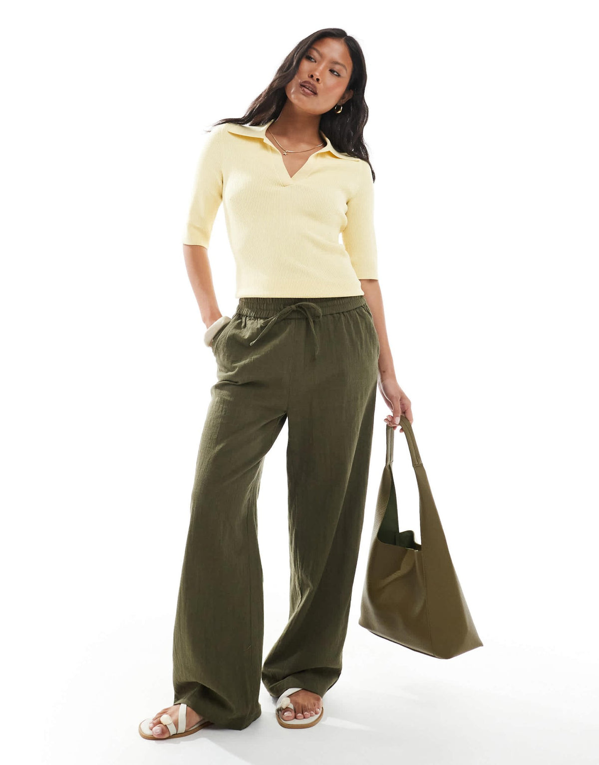 ONLY Petite wide leg linen look trousers in khaki - ASOS Sample Sale