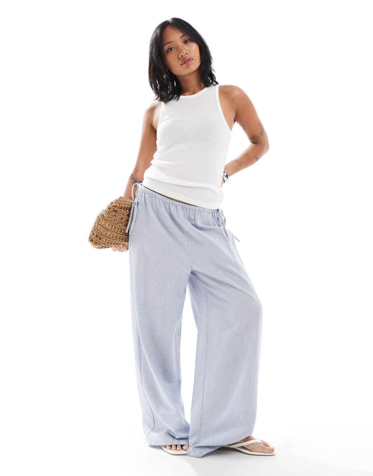 ONLY Petite wide leg tie detail trousers in blue stripes - ASOS Sample Sale