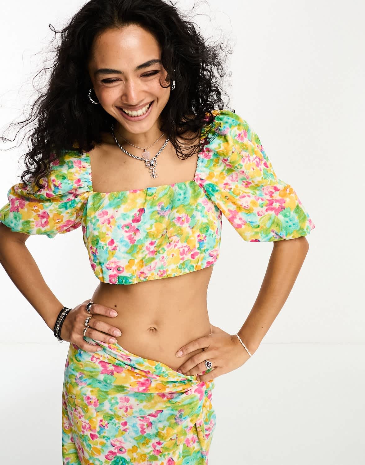 Only puff sleeve cropped top co - ord in multi floral - ASOS Sample Sale