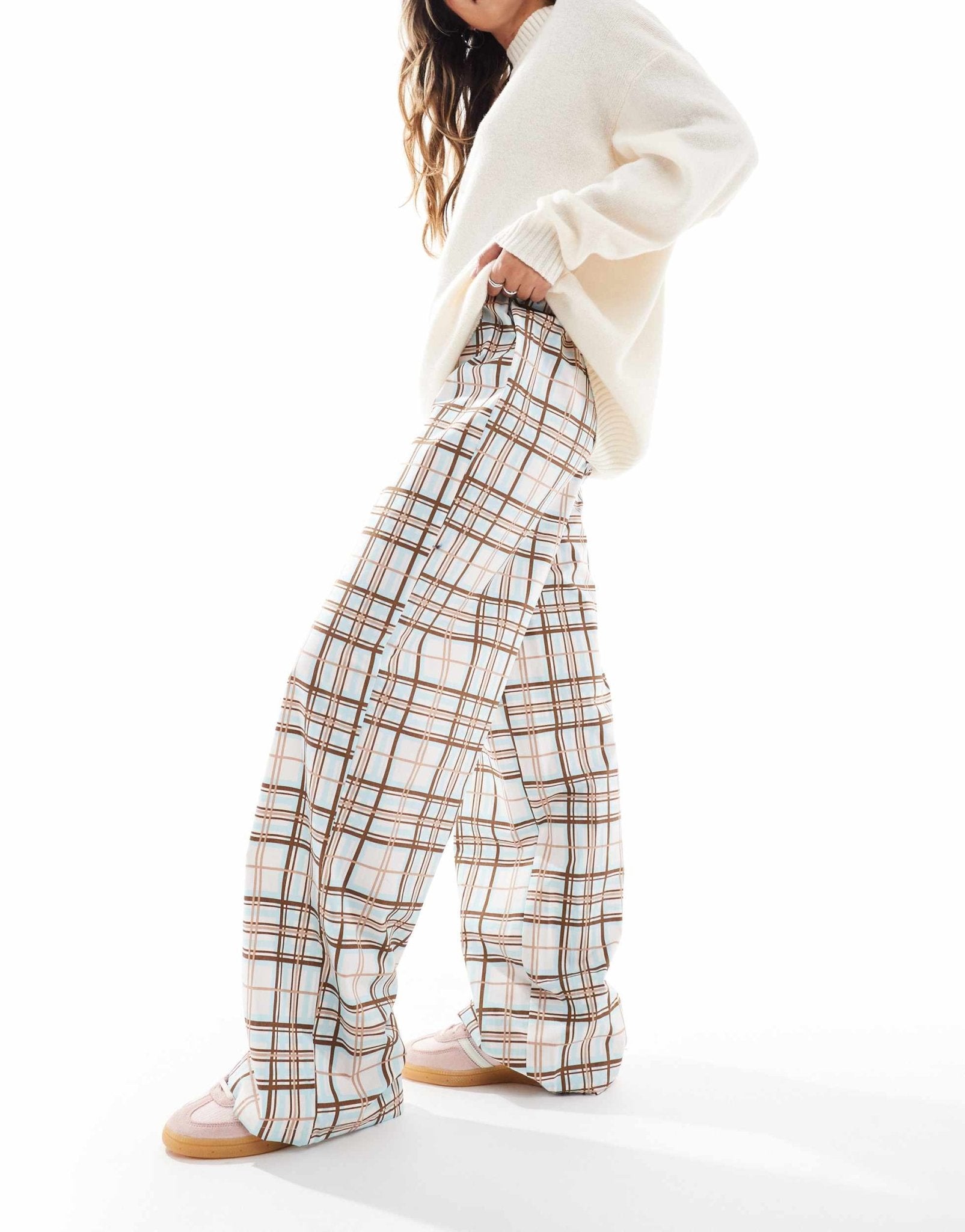 ONLY pull on wide leg trouser in grey check - ASOS Sample Sale