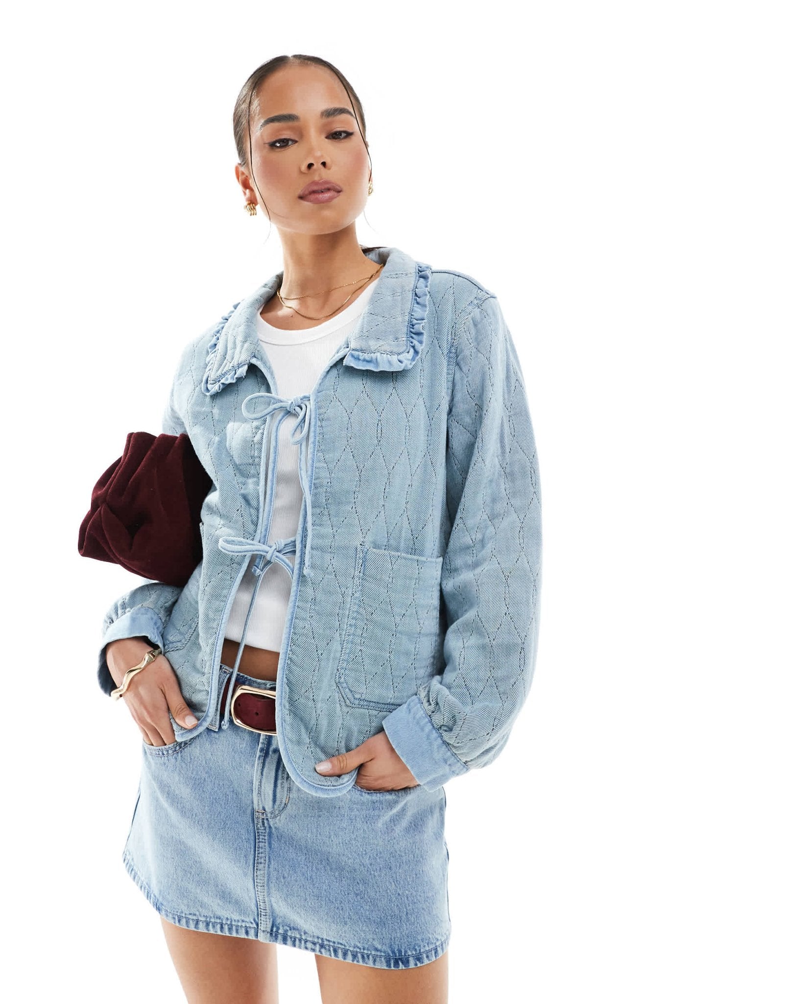 ONLY quilted tie front shacket with frill collar detail in light blue denim - ASOS Sample Sale
