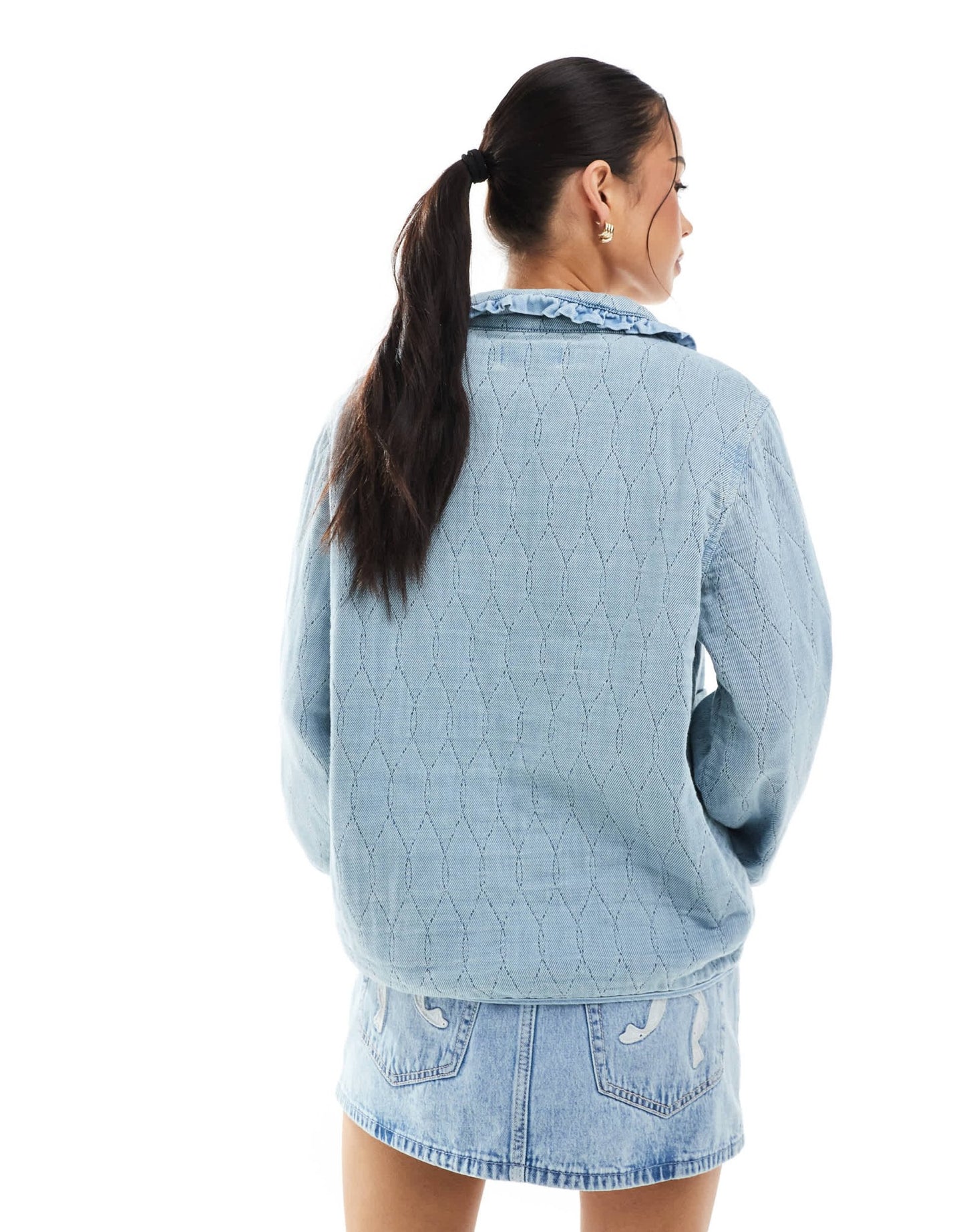 ONLY quilted tie front shacket with frill collar detail in light blue denim - ASOS Sample Sale