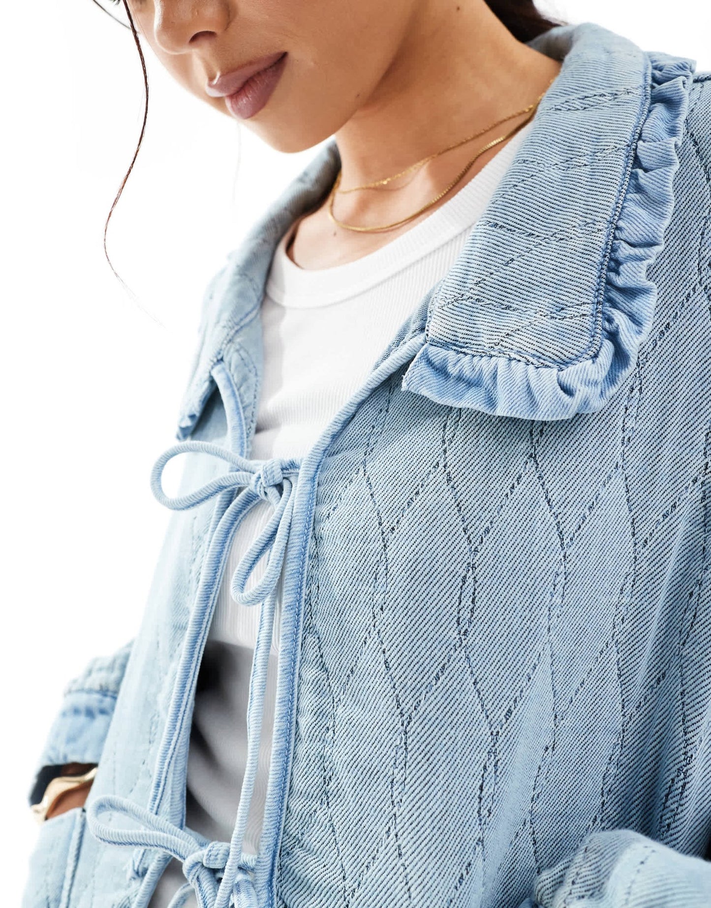 ONLY quilted tie front shacket with frill collar detail in light blue denim - ASOS Sample Sale