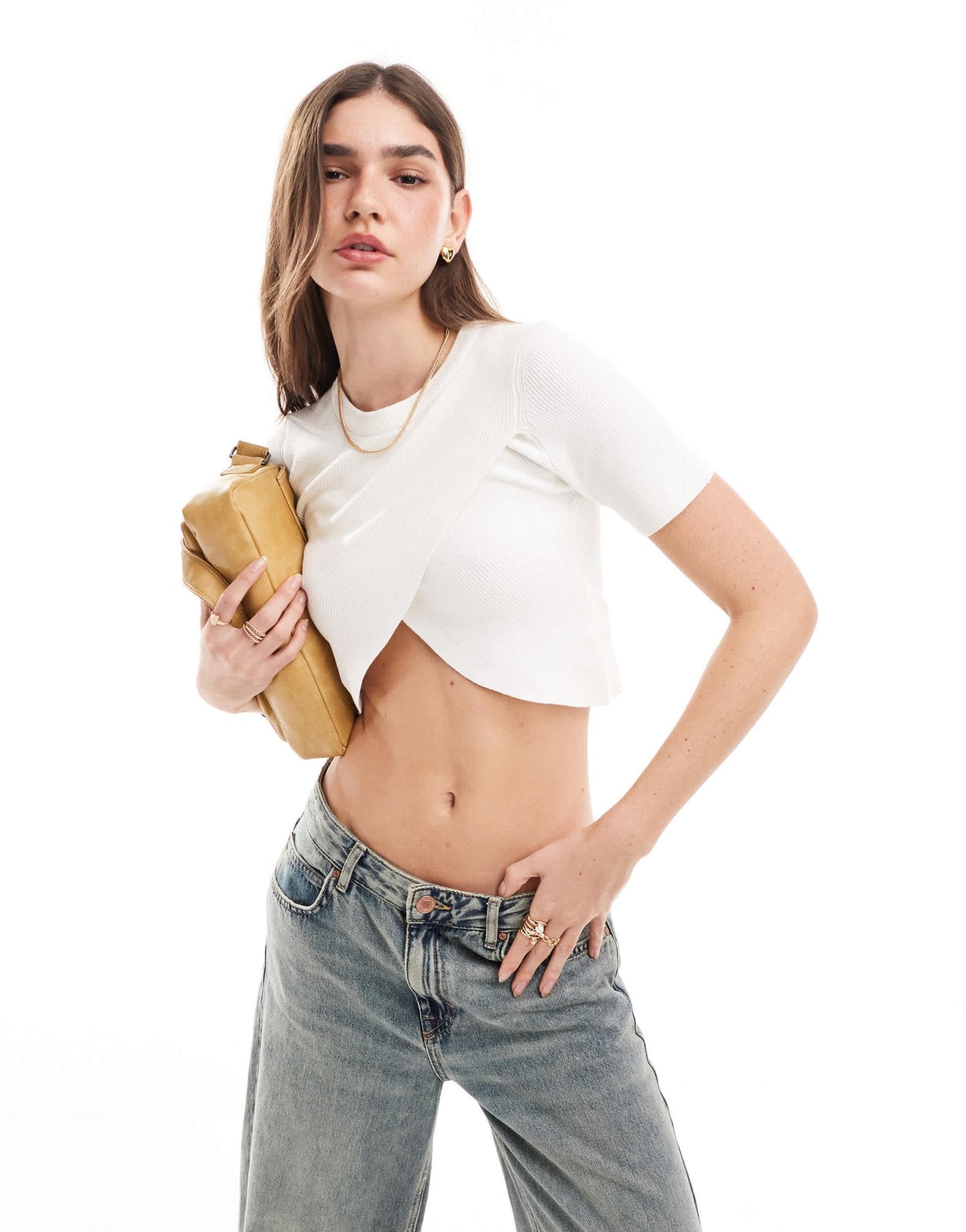 ONLY ribbed cross front crop top in cream - ASOS Sample Sale