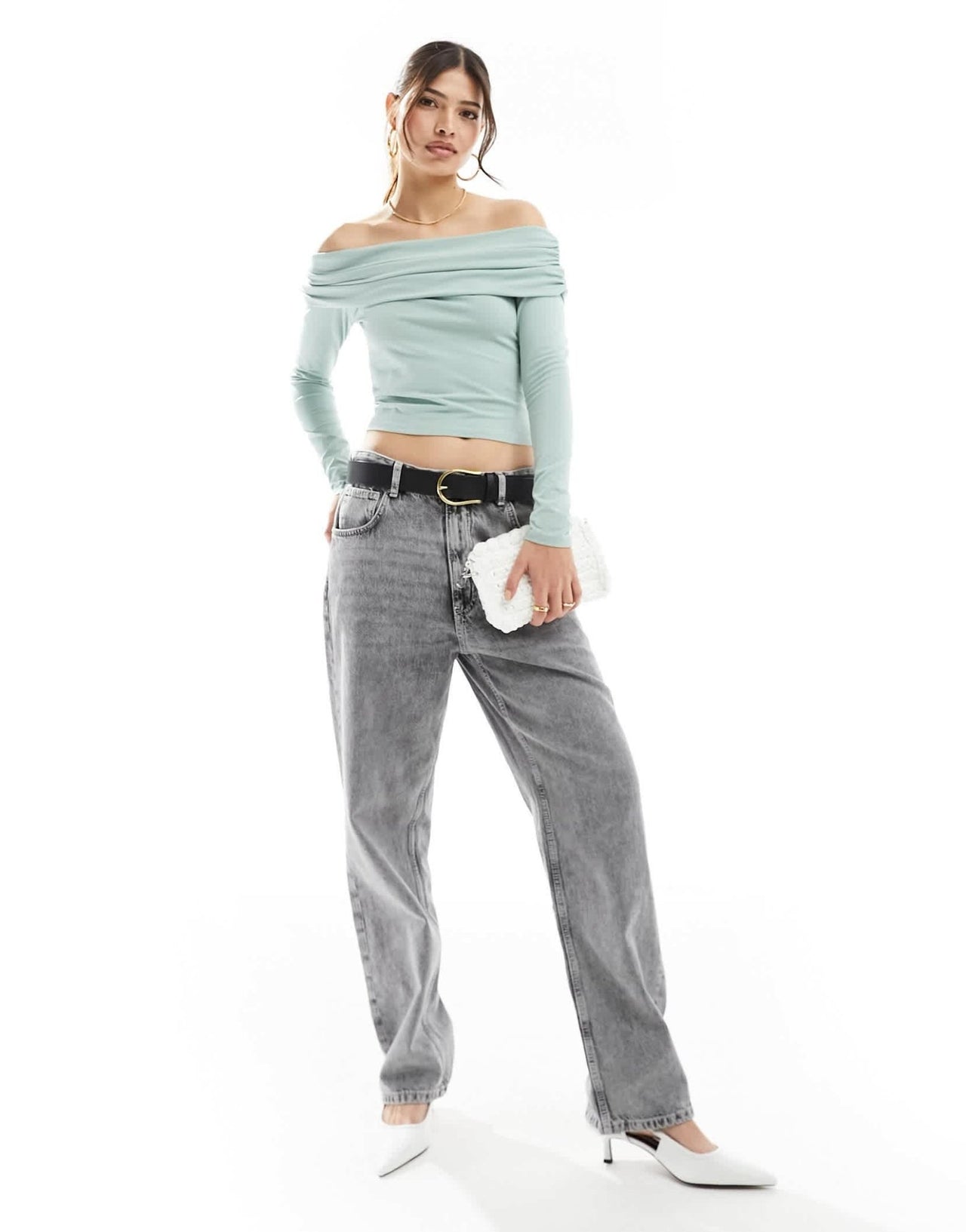 ONLY ruched detail off shoulder top in light green - ASOS Sample Sale