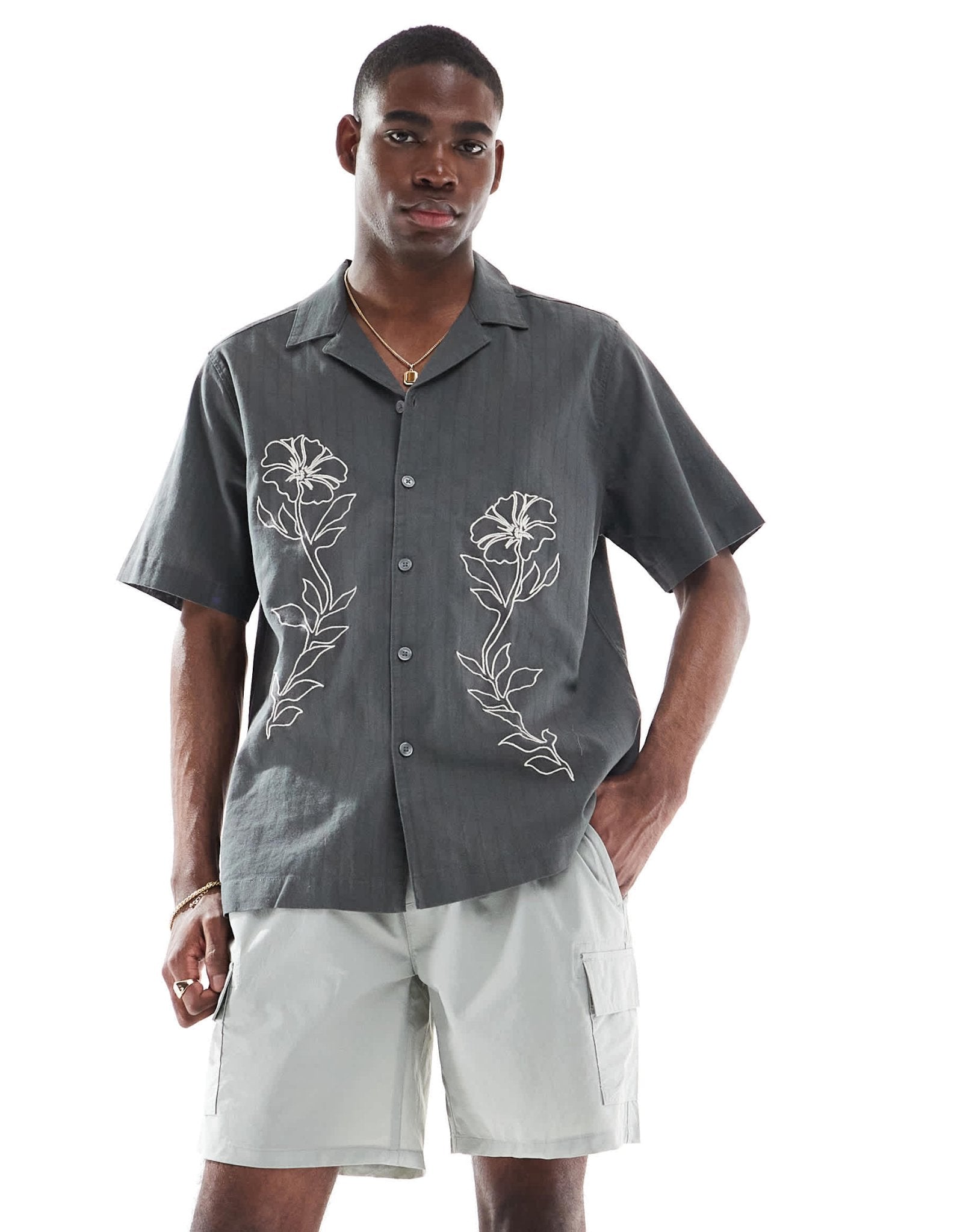 ONLY & SONS embroidery detail resort shirt in grey - ASOS Sample Sale