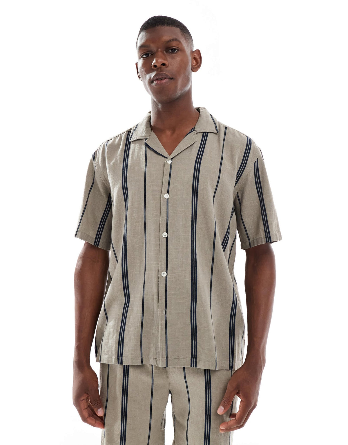 ONLY & SONS linen look shirt co-ord in beige stripe - ASOS Sample Sale