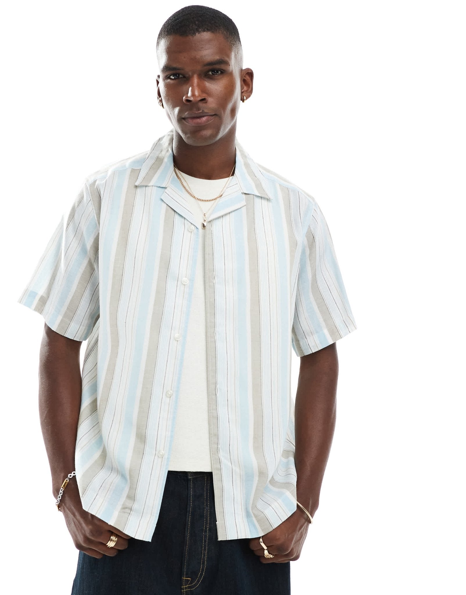 ONLY & SONS linen mix short sleeve shirt in beige & blue stripe - ASOS Sample Sale