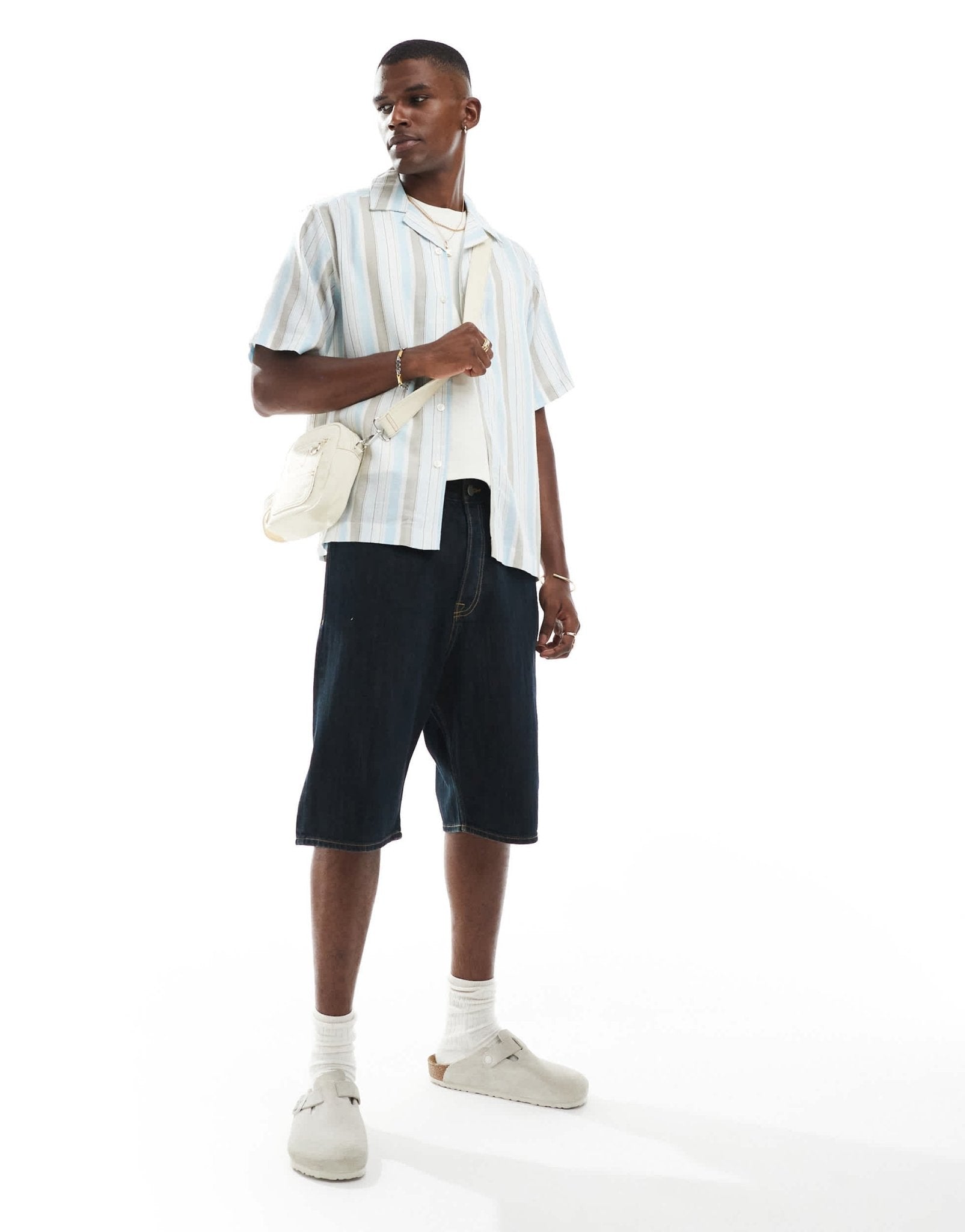 ONLY & SONS linen mix short sleeve shirt in beige & blue stripe - ASOS Sample Sale