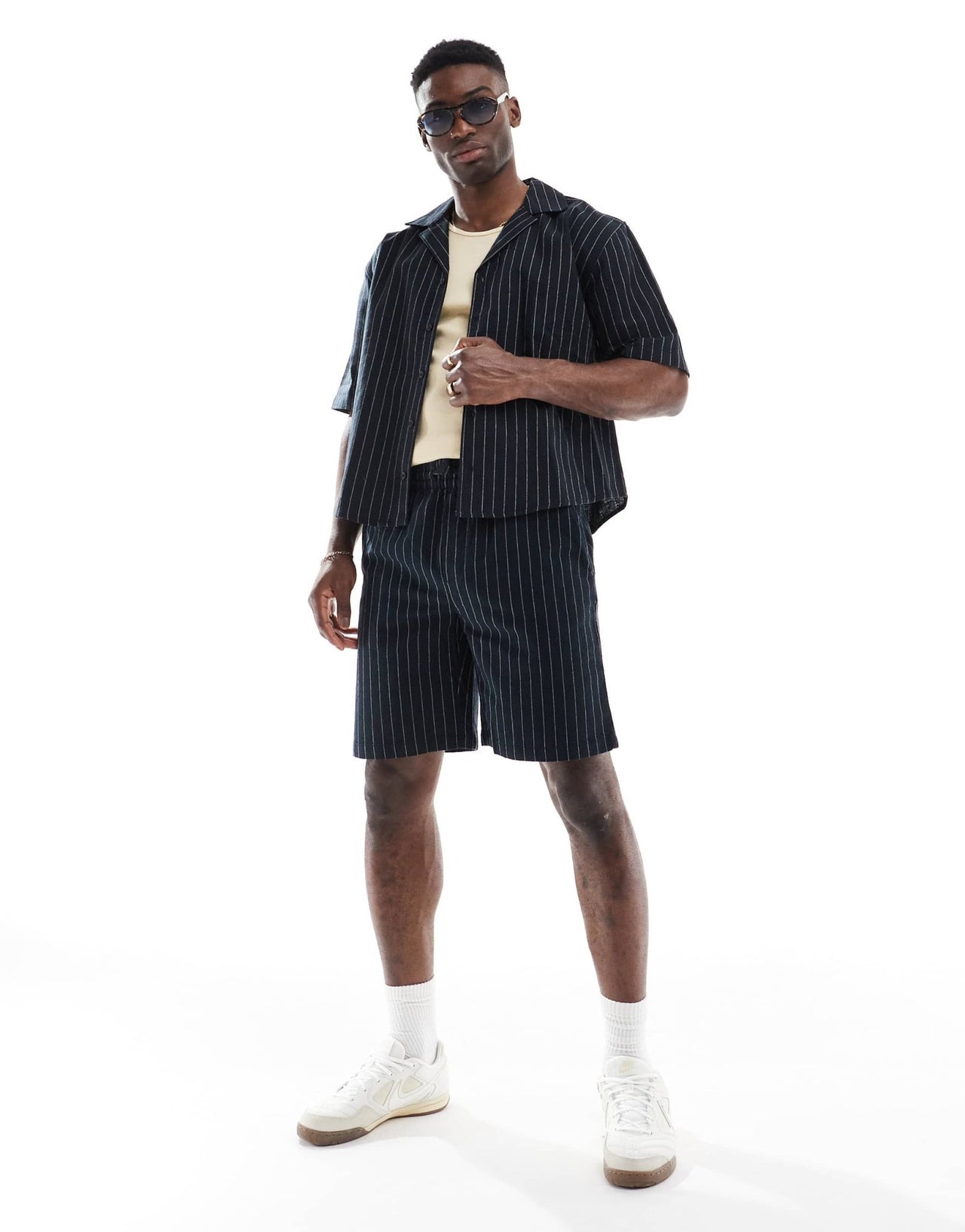 ONLY & SONS loose fit linen short co-ord in black pinstripe - ASOS Sample Sale