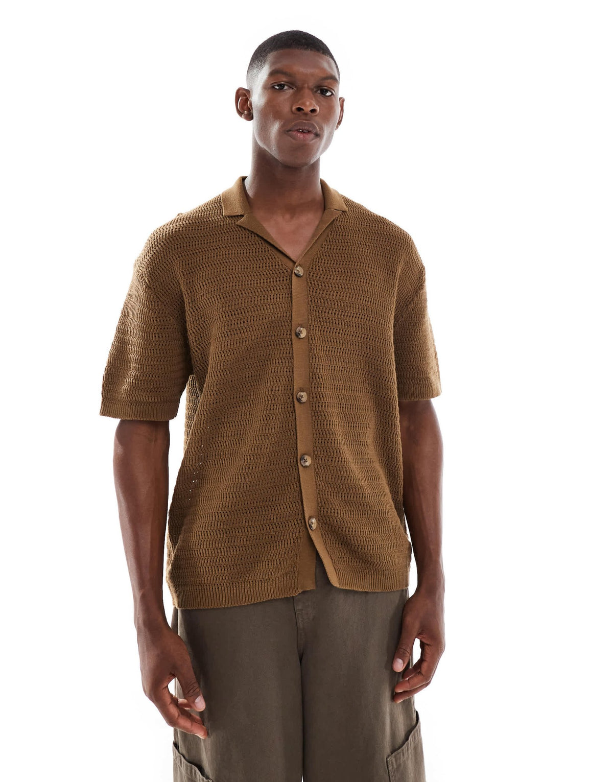 ONLY & SONS relaxed fit crochet shirt with revere collar in brown - ASOS Sample Sale