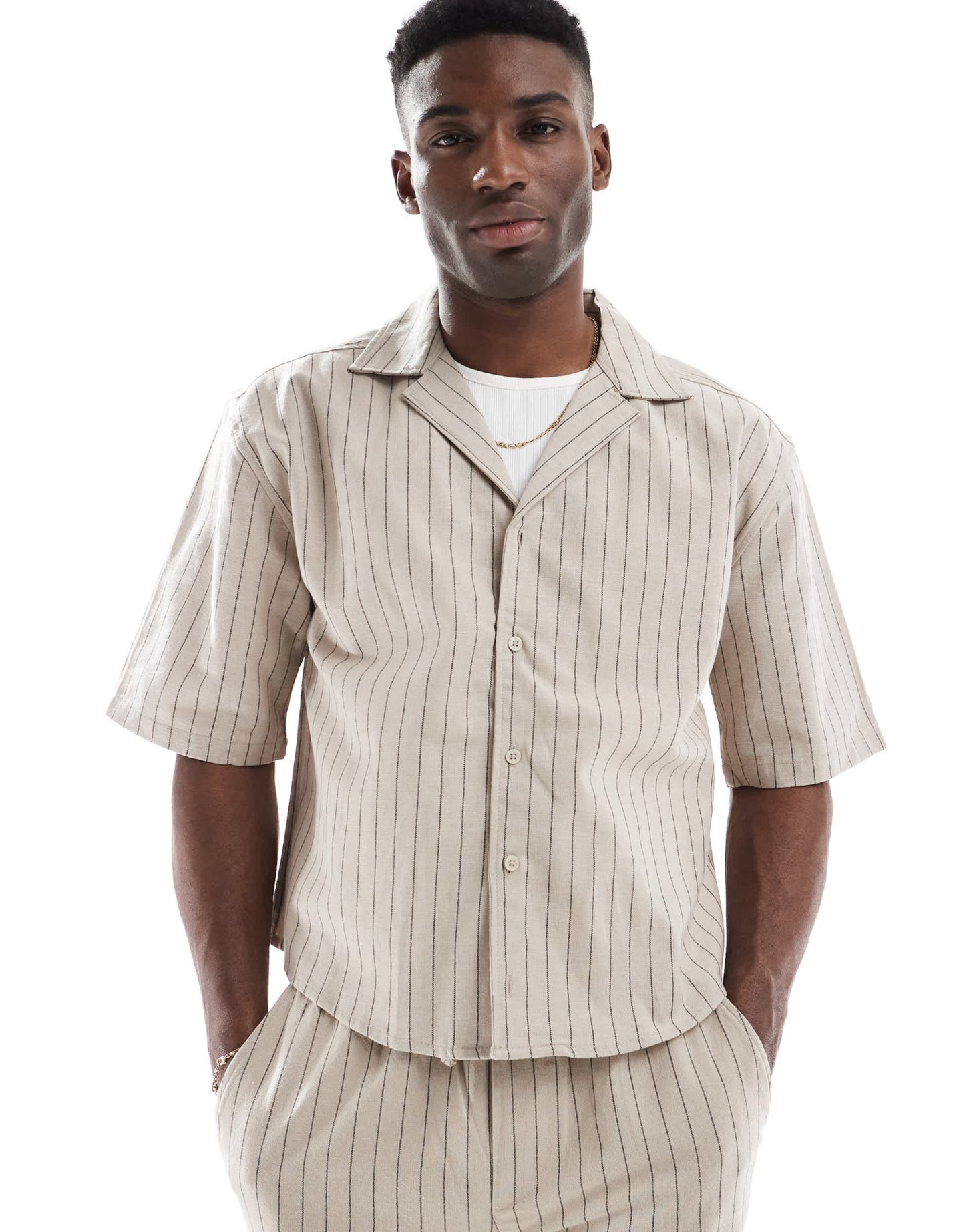 ONLY & SONS relaxed fit linen shirt co-ord in beige pinstripe - ASOS Sample Sale