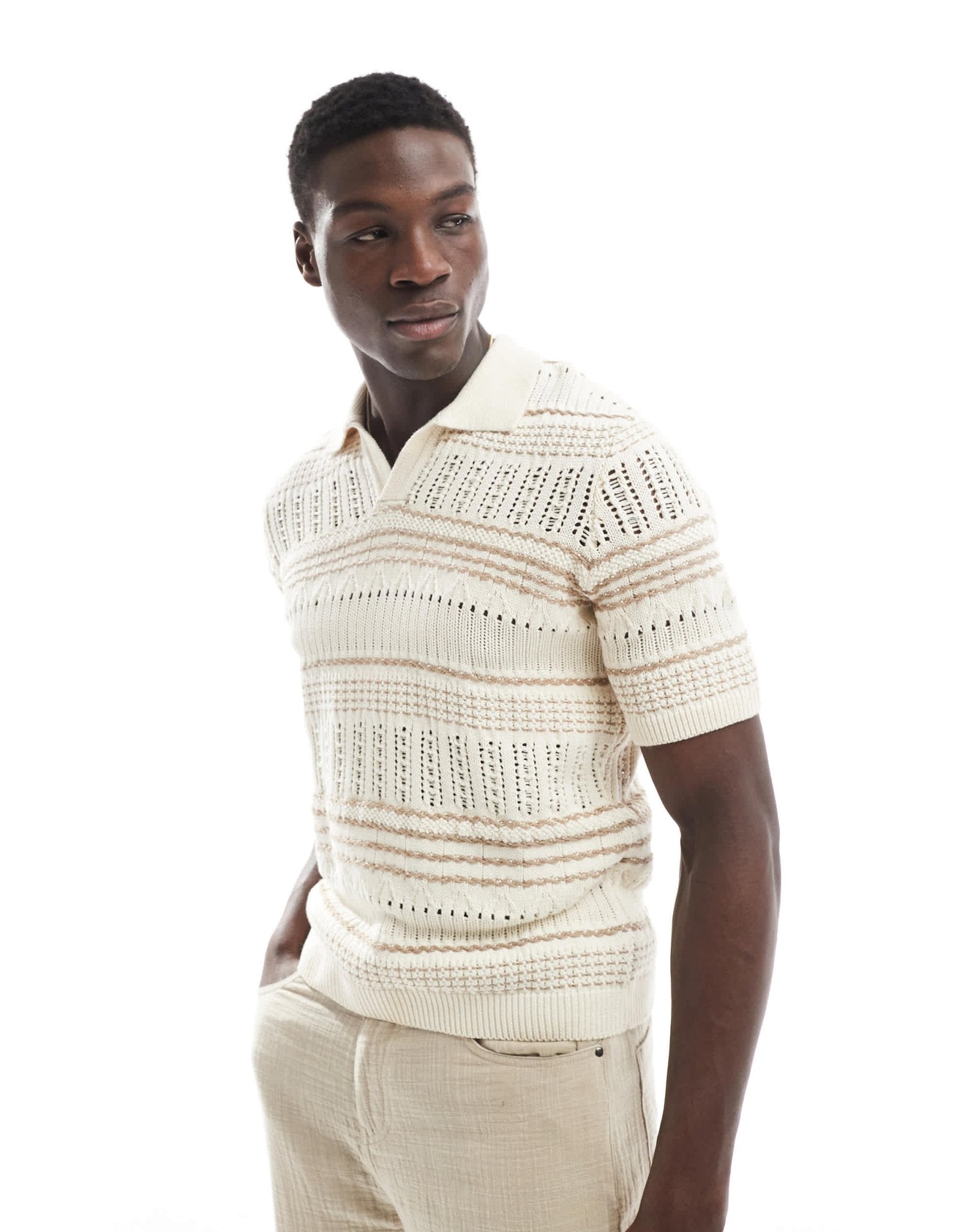ONLY & SONS relaxed fit open knit polo in beige stripe - ASOS Sample Sale