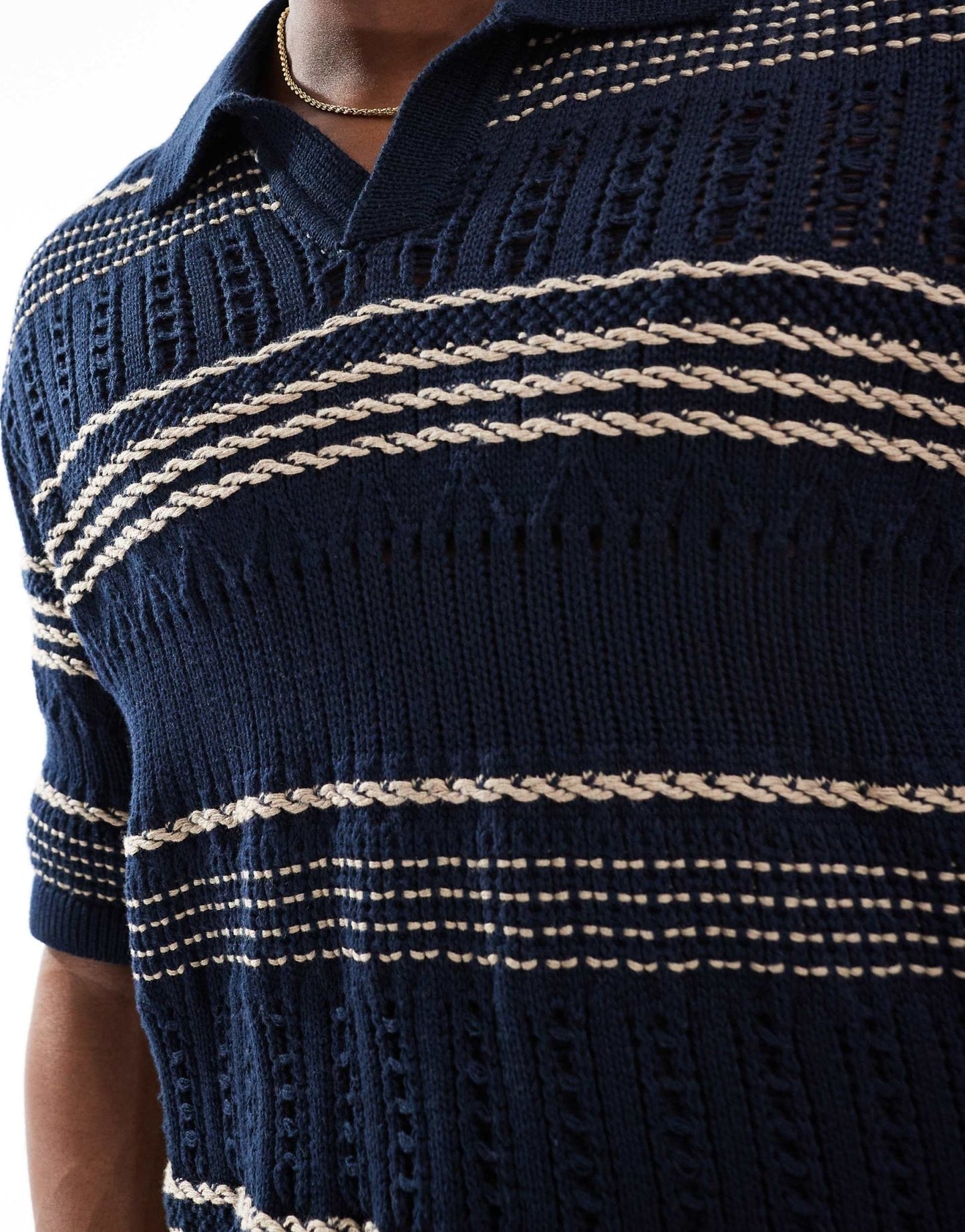 ONLY & SONS relaxed fit open knit polo in navy stripe - ASOS Sample Sale
