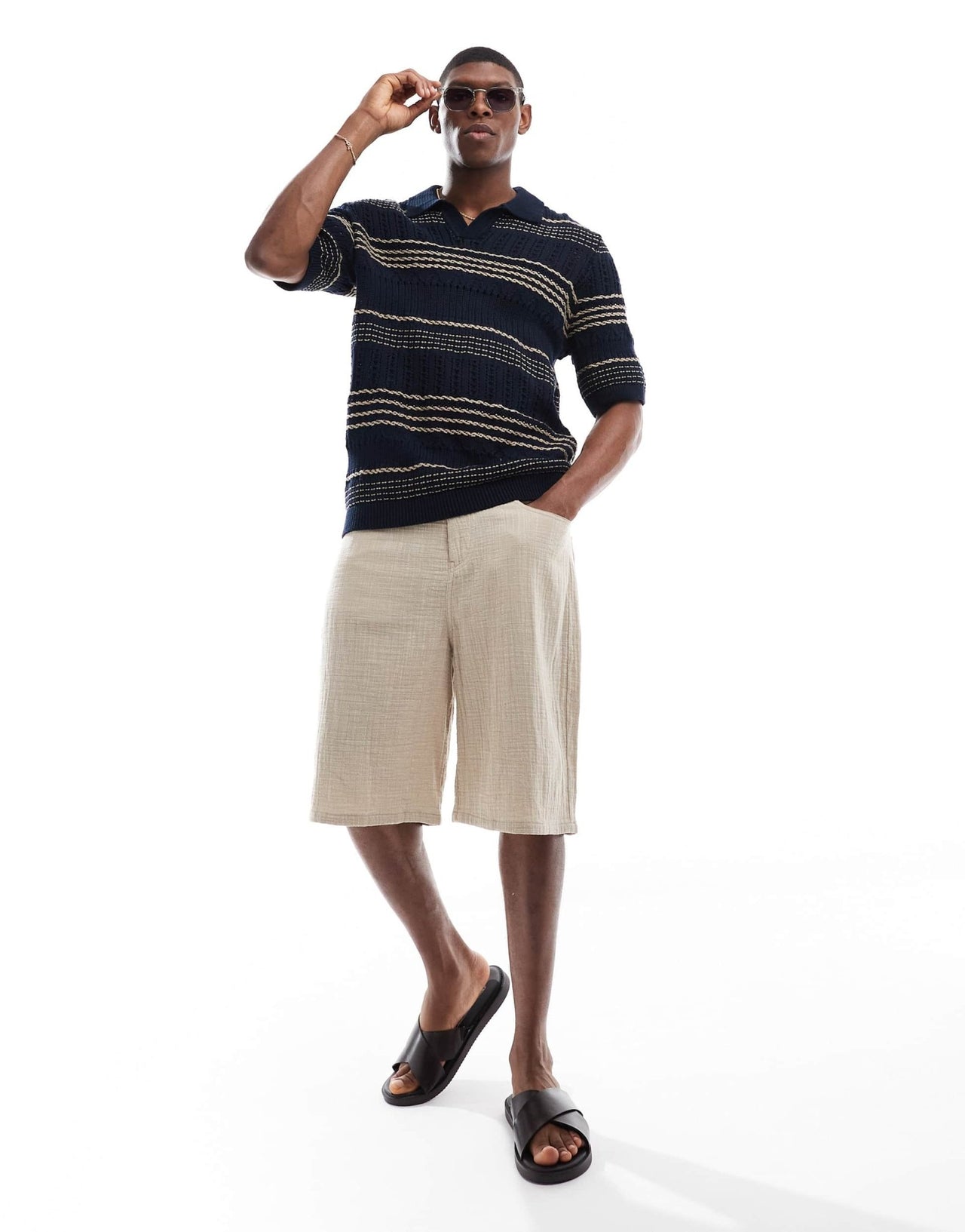 ONLY & SONS relaxed fit open knit polo in navy stripe - ASOS Sample Sale