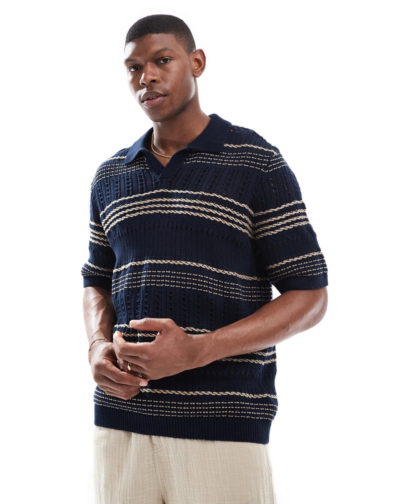 ONLY & SONS relaxed fit open knit polo in navy stripe - ASOS Sample Sale