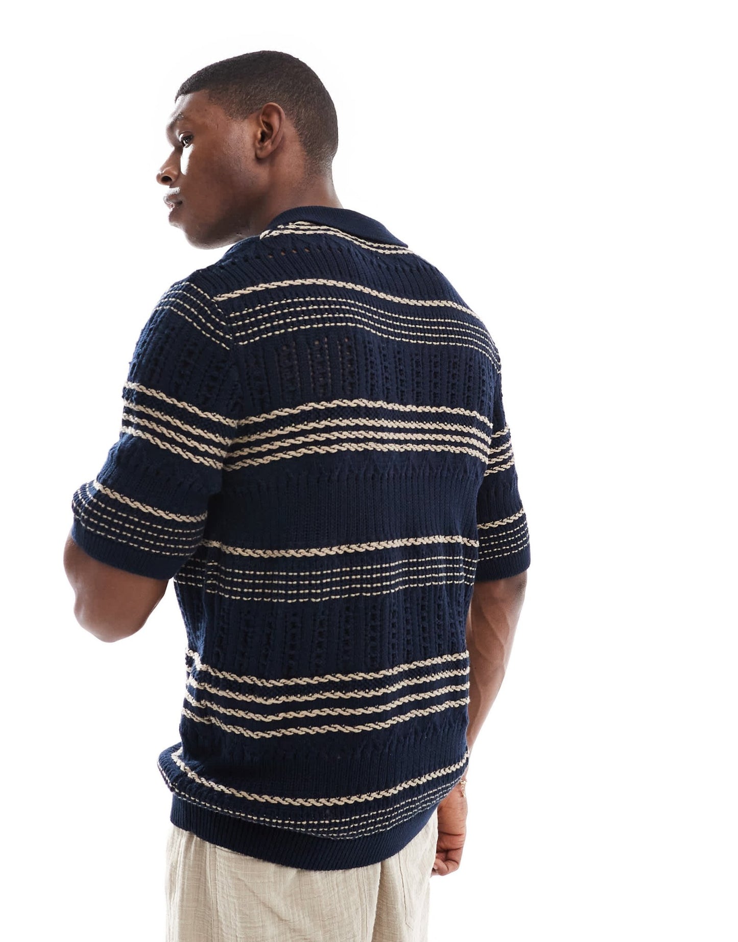 ONLY & SONS relaxed fit open knit polo in navy stripe - ASOS Sample Sale