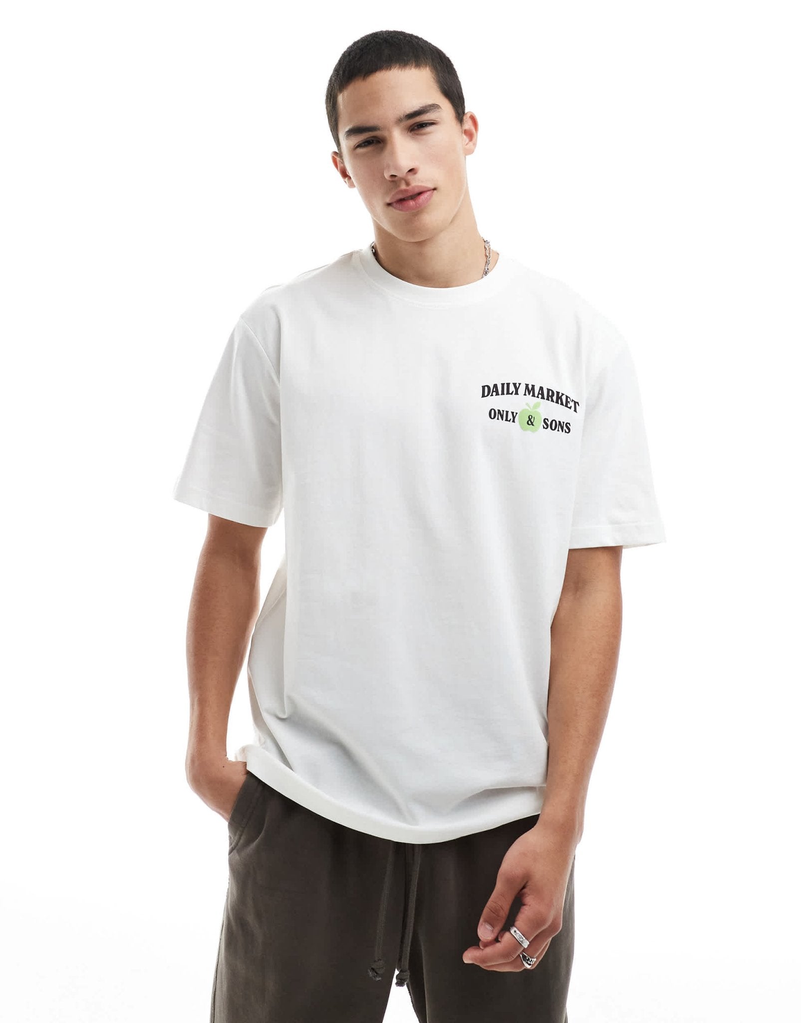 ONLY & SONS relaxed fit t-shirt with daily market textured back print in white - ASOS Sample Sale
