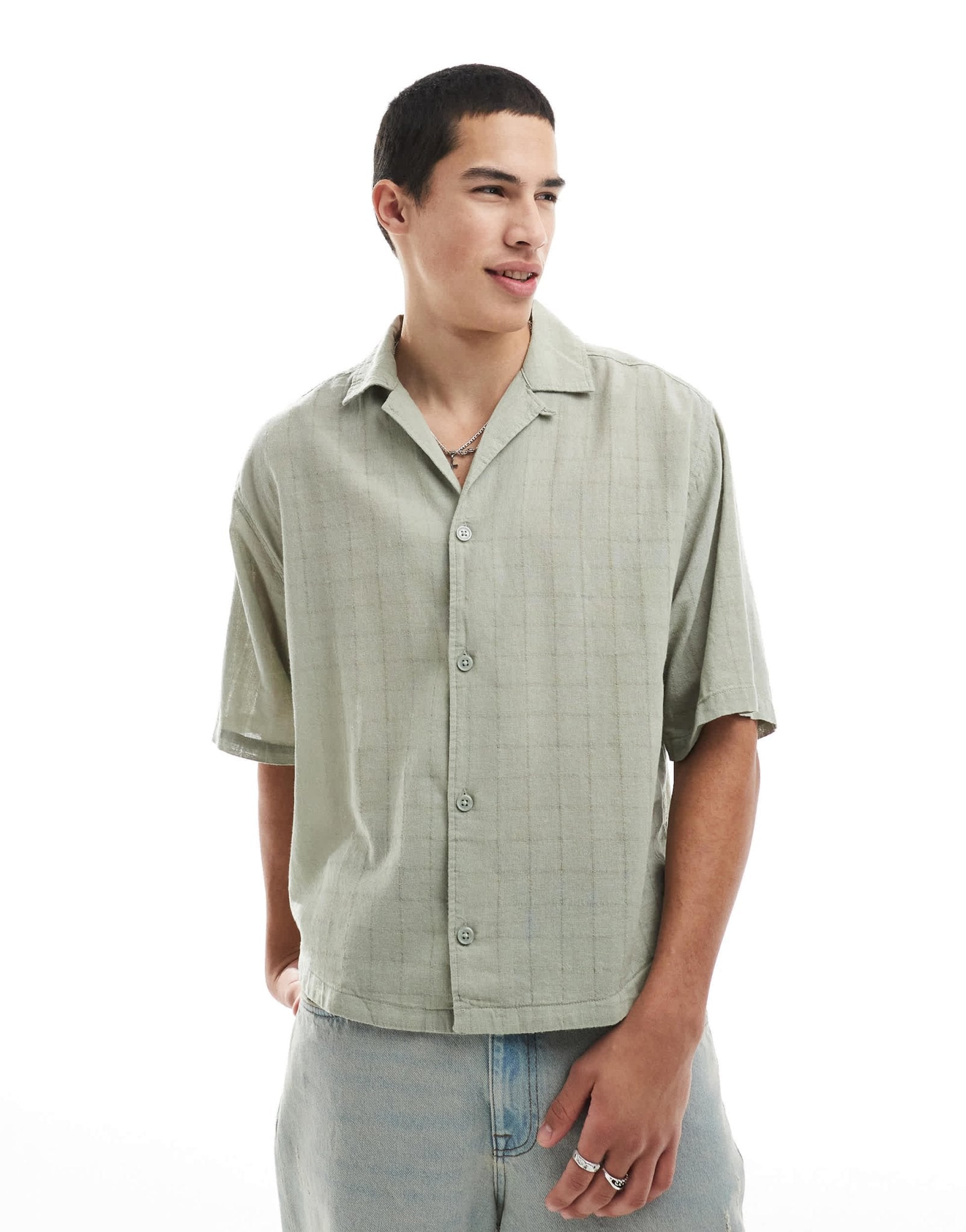 ONLY & SONS relaxed fit textured revere collar shirt in light sage - ASOS Sample Sale