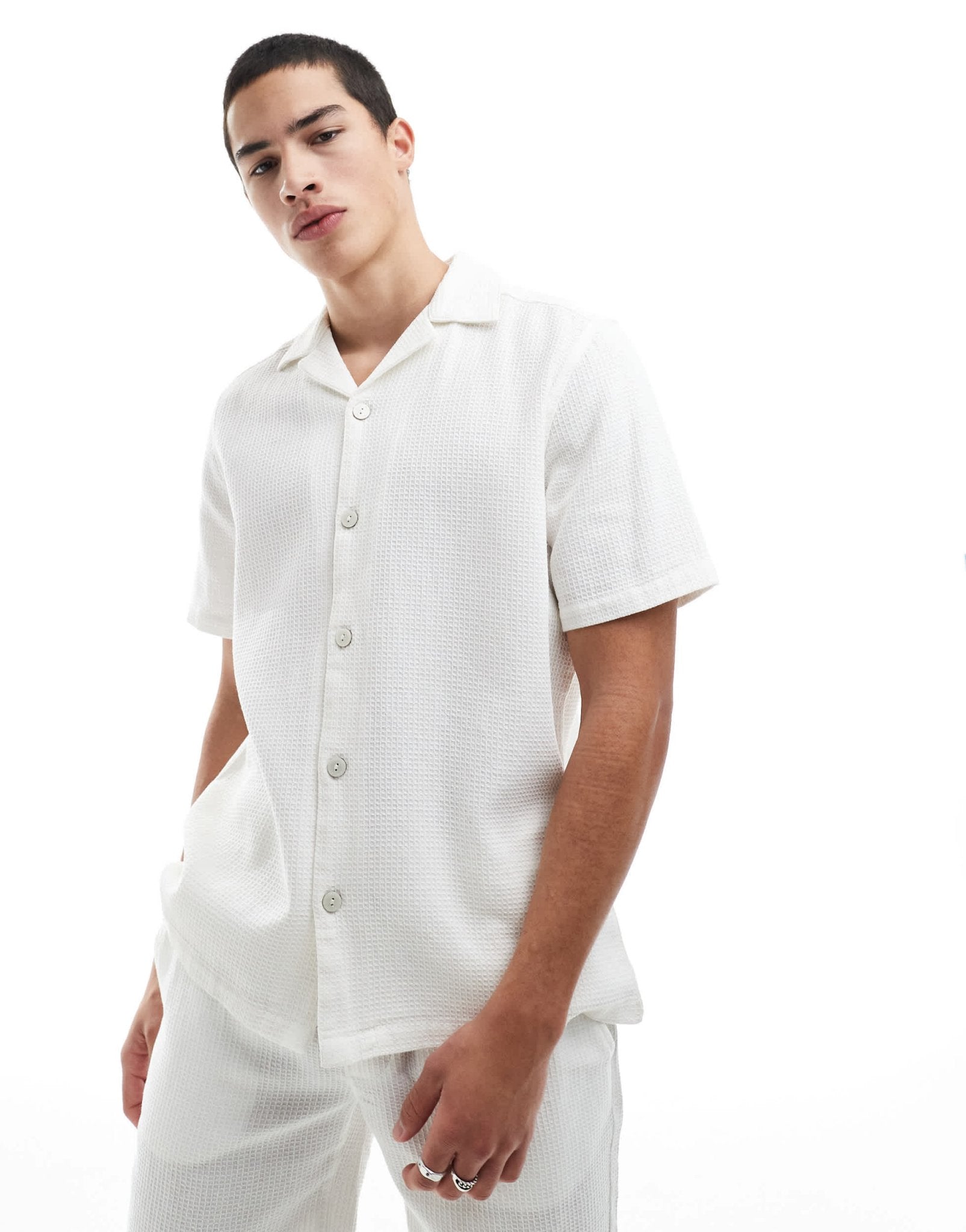 ONLY & SONS relaxed fit waffle shirt co-ord in ecru - ASOS Sample Sale