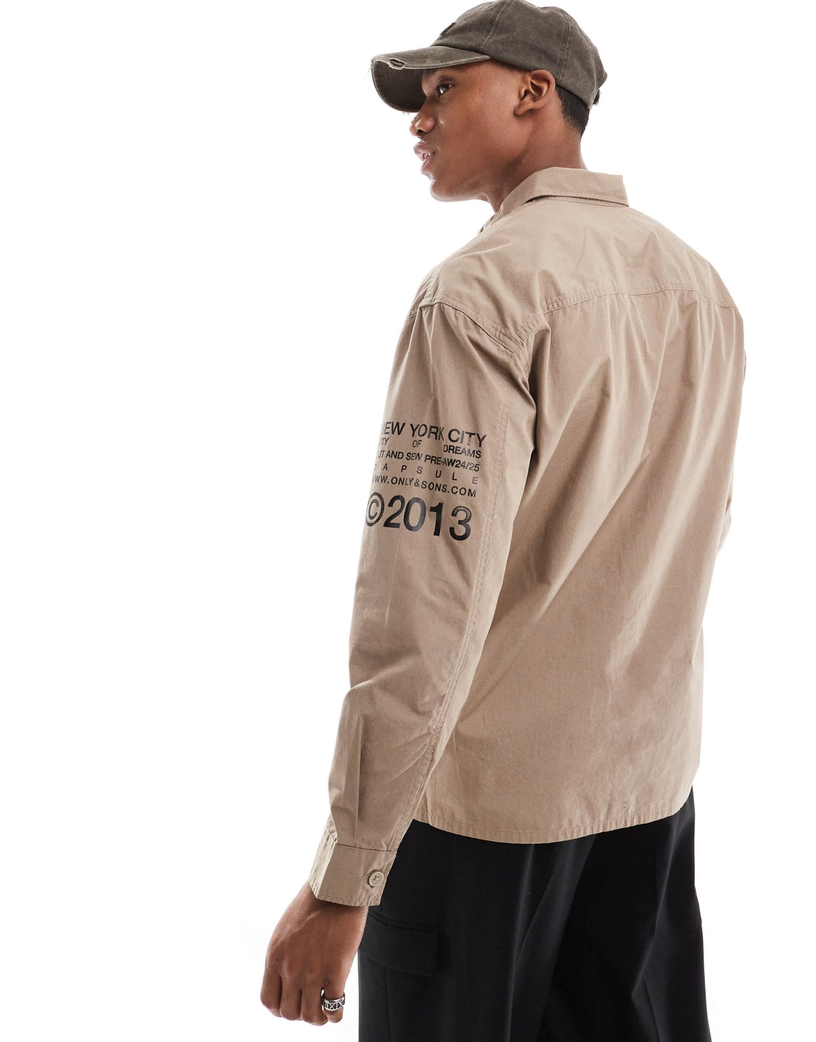 ONLY & SONS relaxed shirt with NYC prints in beige - ASOS Sample Sale