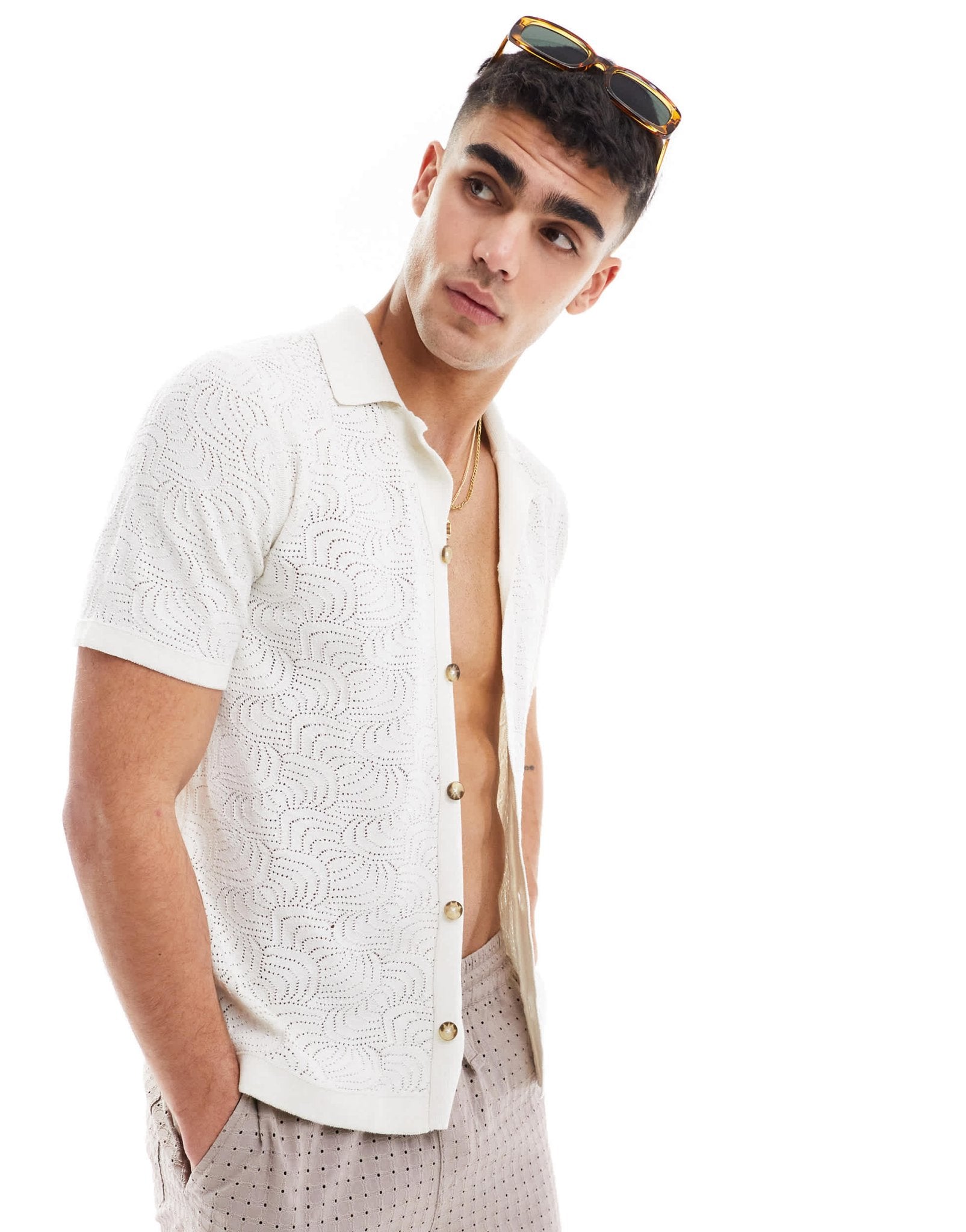 ONLY & SONS revere collar open knit shirt in white - ASOS Sample Sale