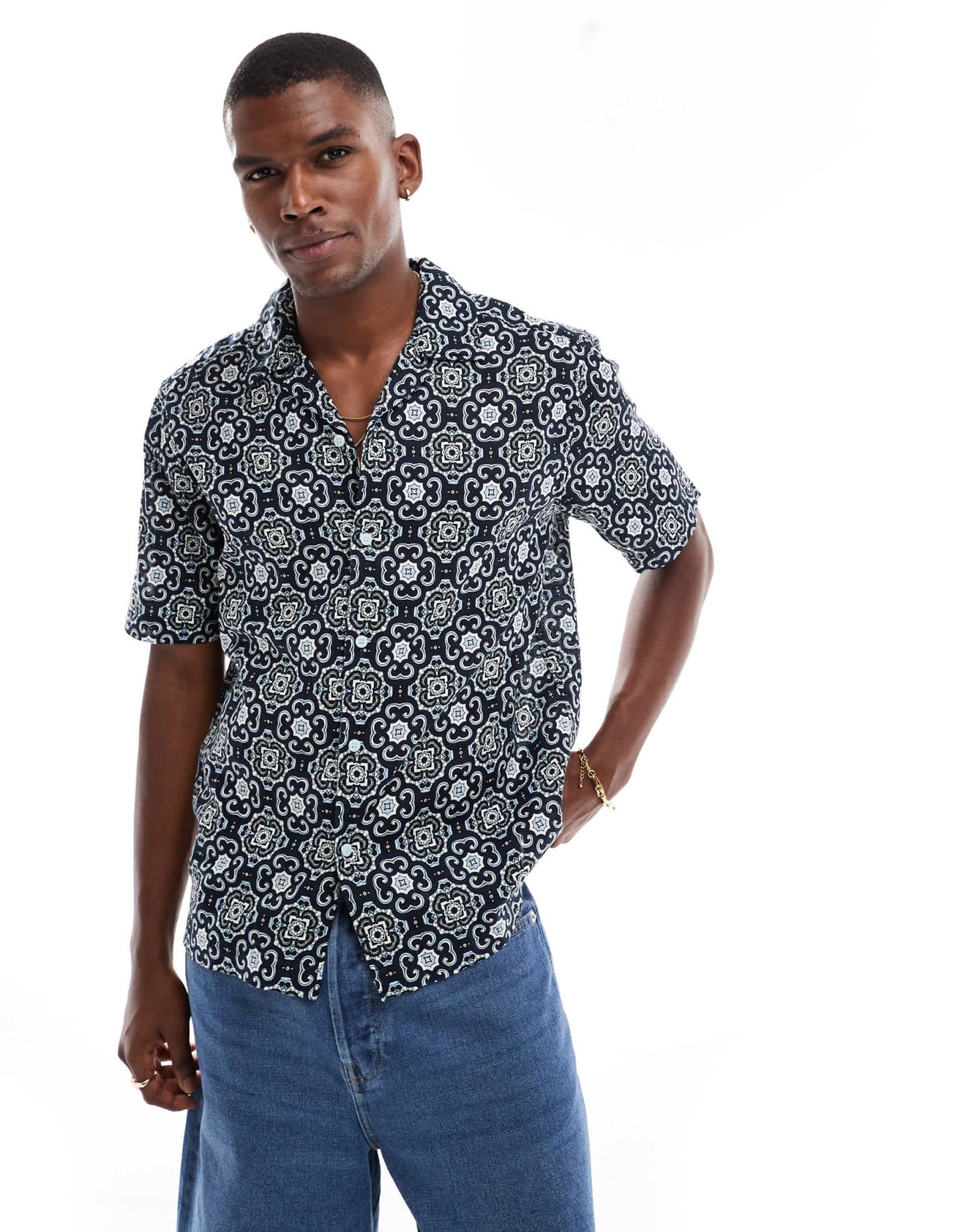 ONLY & SONS revere collar shirt with tile paisley print in navy - ASOS Sample Sale