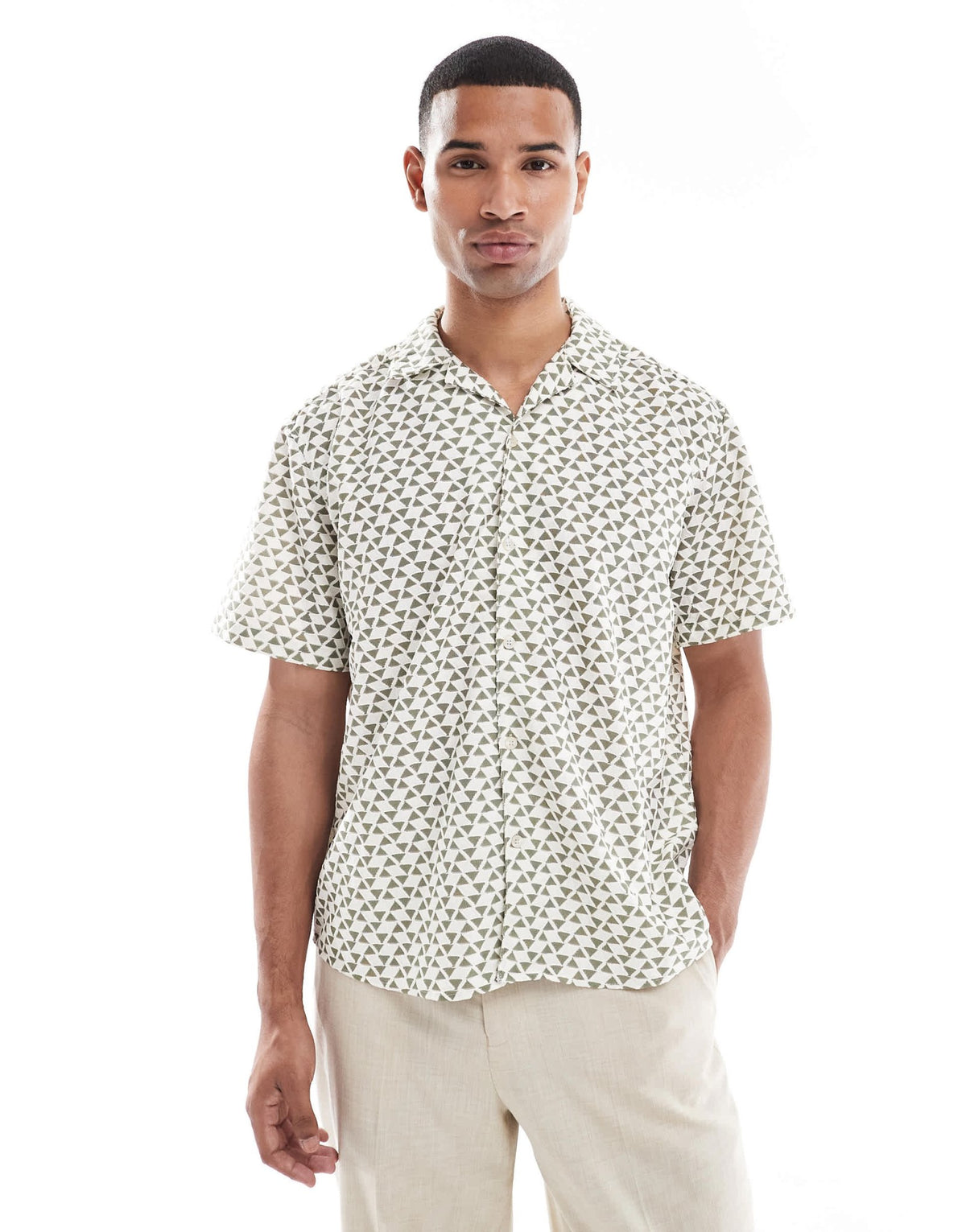 ONLY & SONS short sleeve resort shirt in white with green triangle print - ASOS Sample Sale