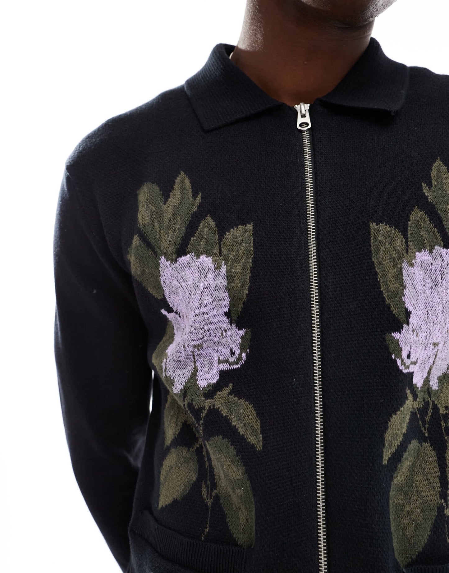 ONLY & SONS zip through knit with floral embroidery in black - ASOS Sample Sale