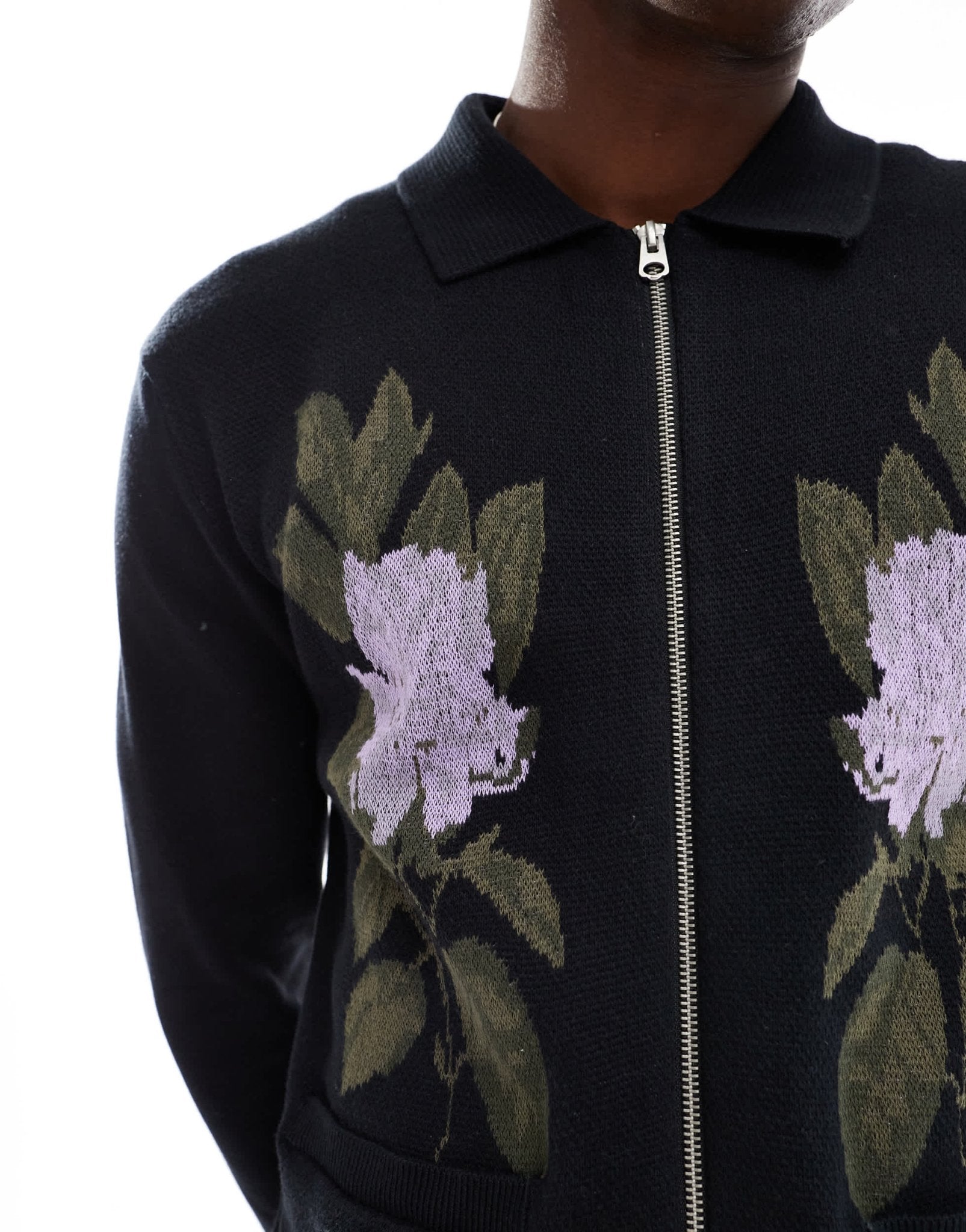 ONLY & SONS zip through knit with floral embroidery in black - ASOS Sample Sale