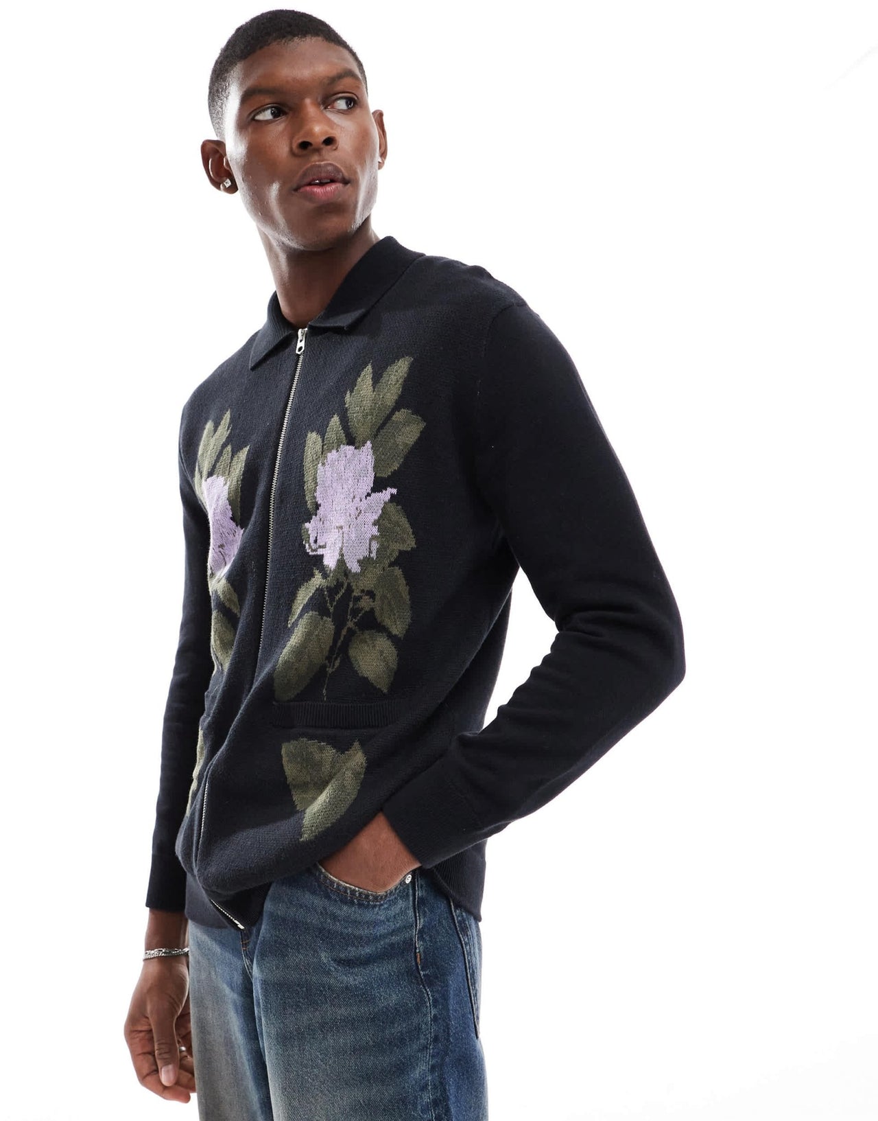 ONLY & SONS zip through knit with floral embroidery in black - ASOS Sample Sale