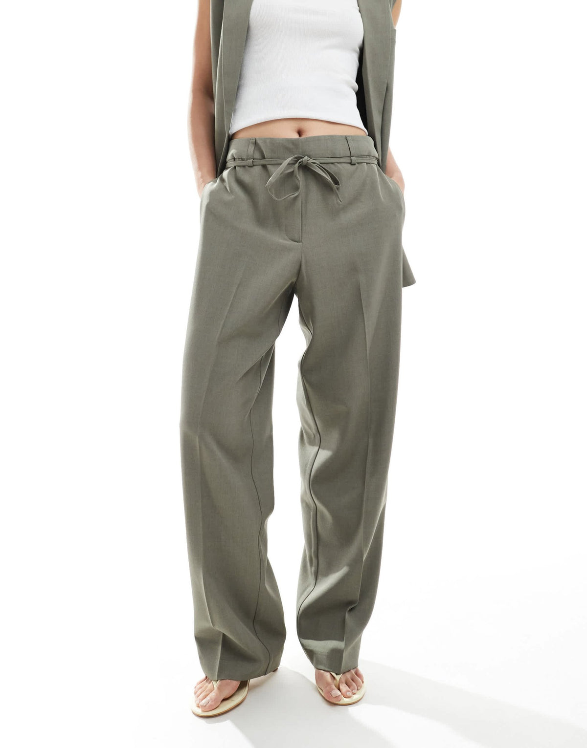 ONLY straight leg tailored trousers co-ord with string detail in sage grey - ASOS Sample Sale