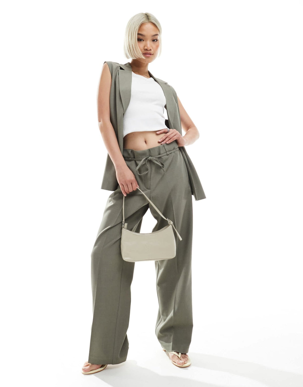 ONLY straight leg tailored trousers co-ord with string detail in sage grey - ASOS Sample Sale