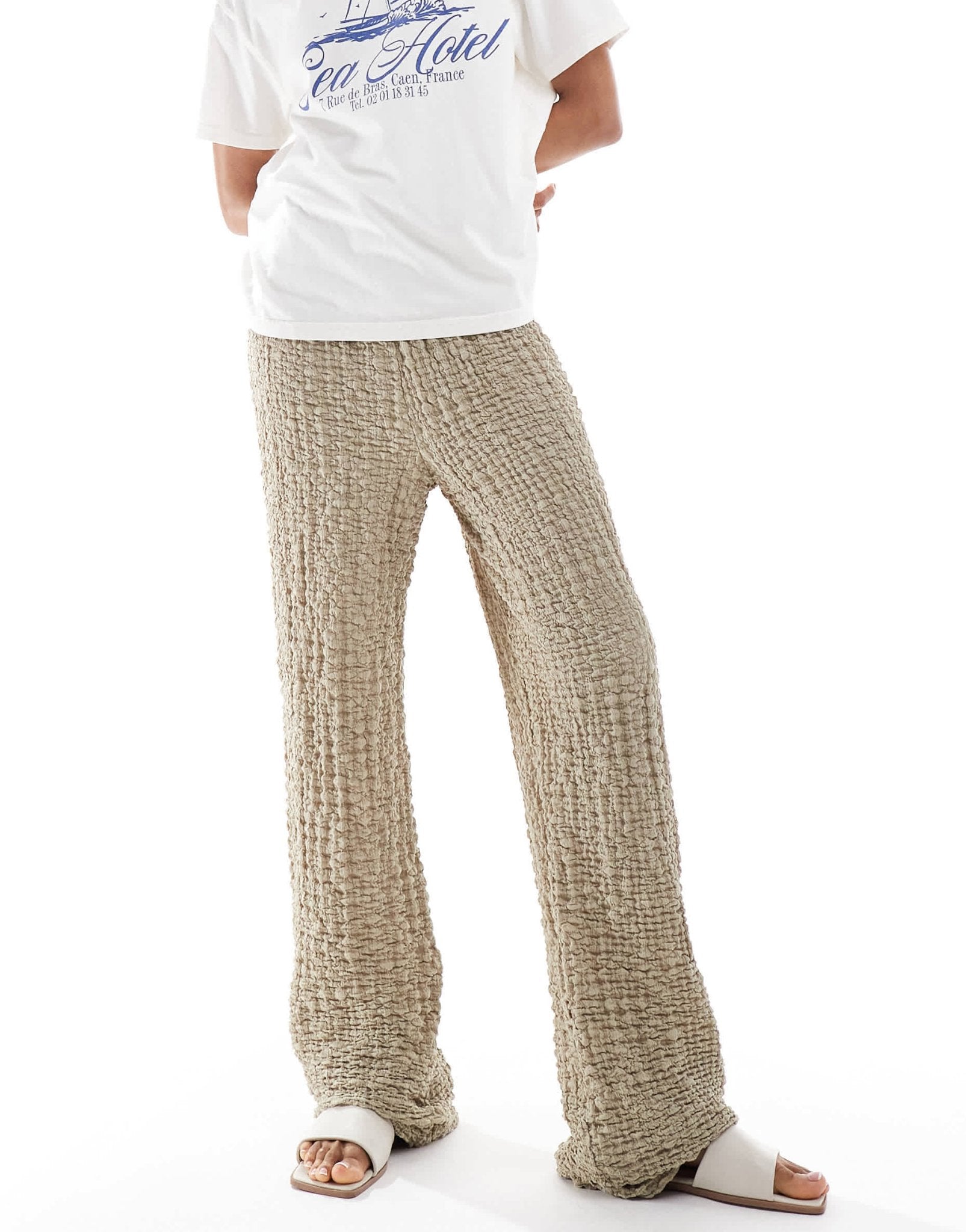 ONLY Tall textured wide leg trousers in beige - ASOS Sample Sale