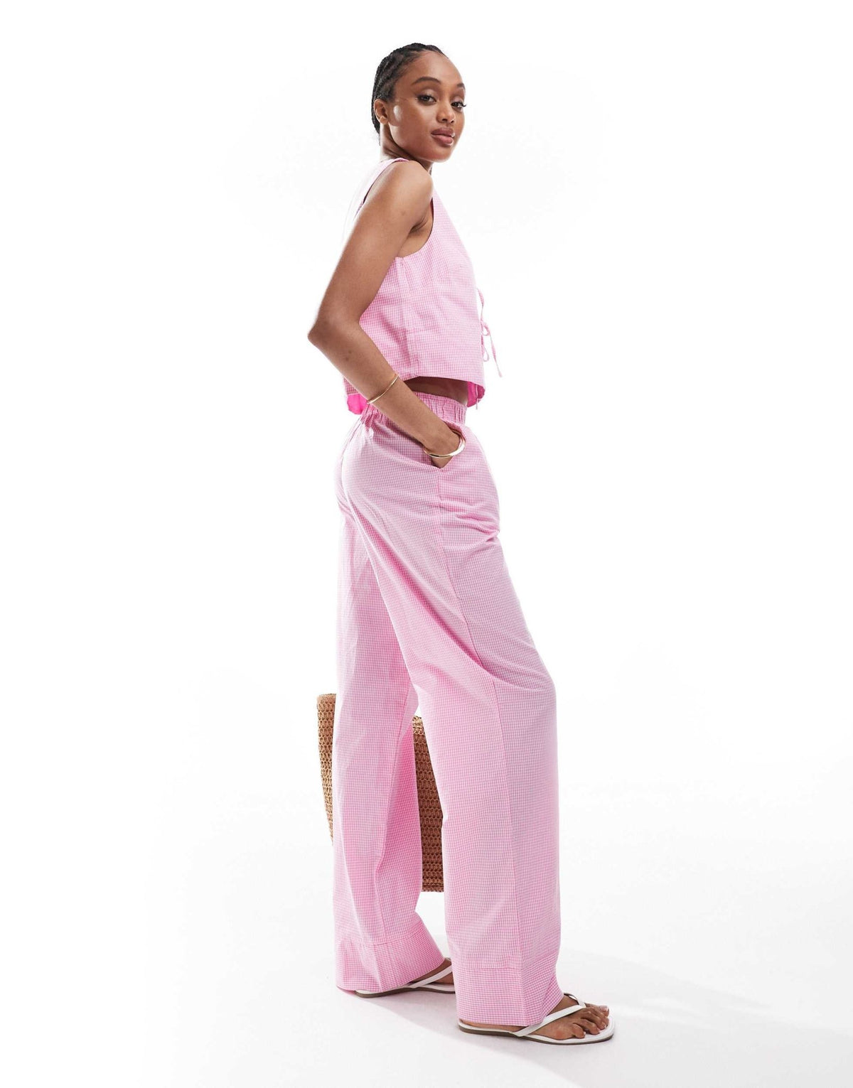 ONLY Tall wide leg boxer detail trousers co-ord in pink gingham - ASOS Sample Sale