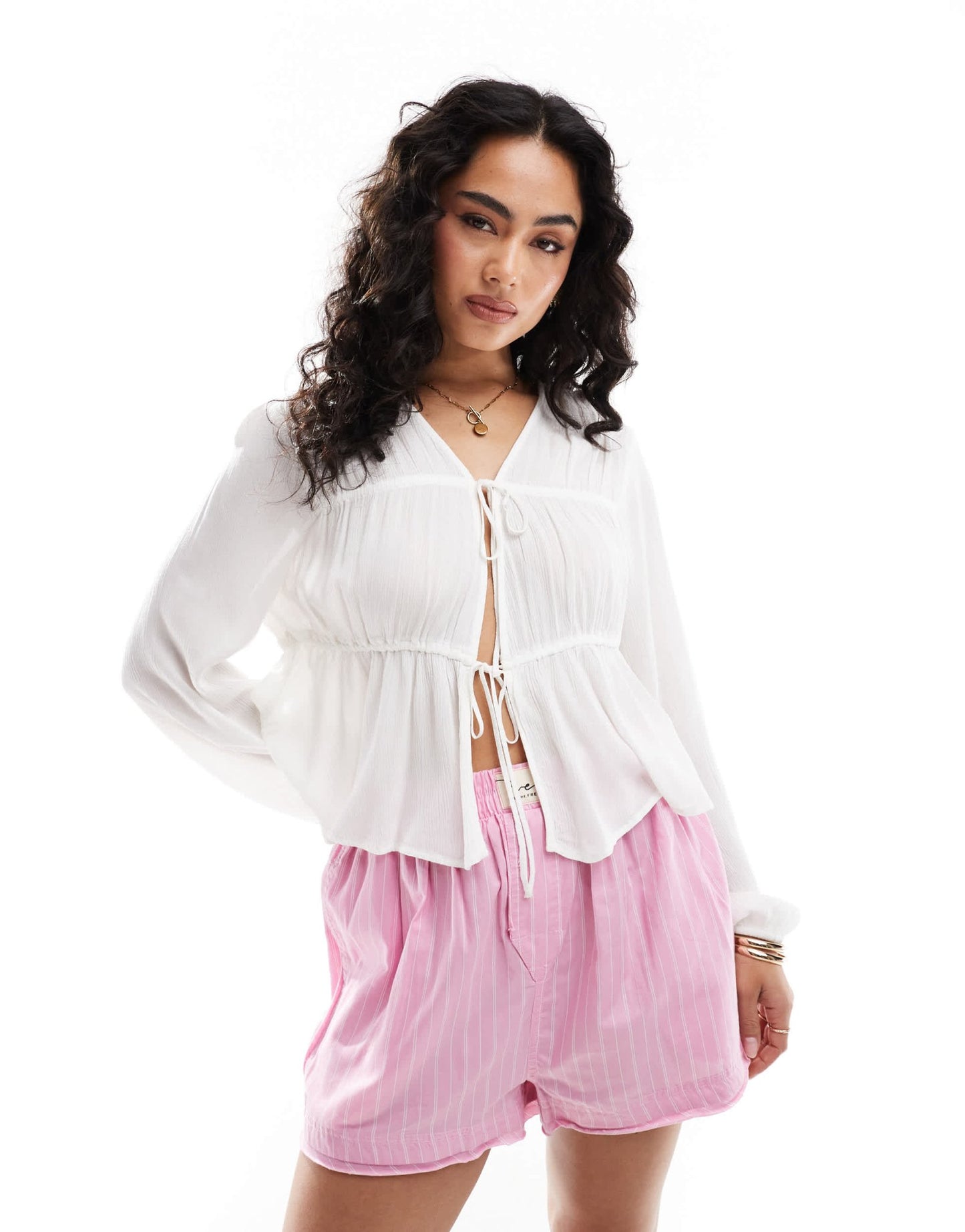 ONLY tie front plisse top in white - ASOS Sample Sale