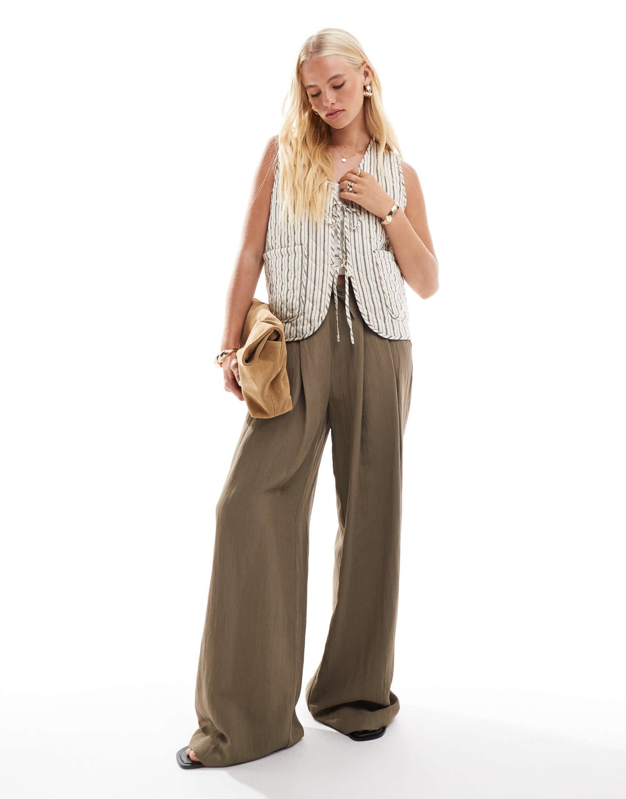 ONLY tie front quilted gilet in beige stripe - ASOS Sample Sale