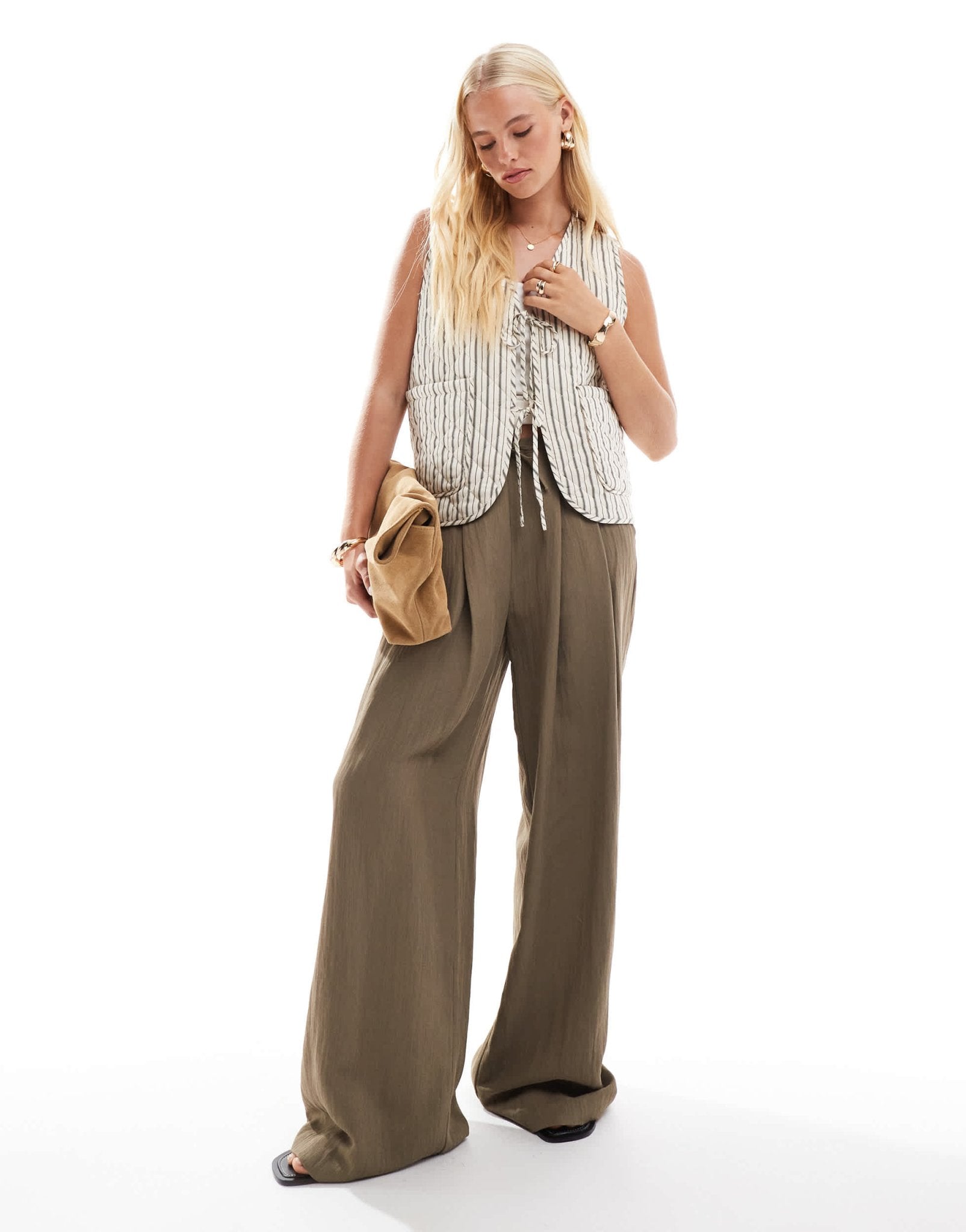 ONLY tie front quilted gilet in beige stripe - ASOS Sample Sale