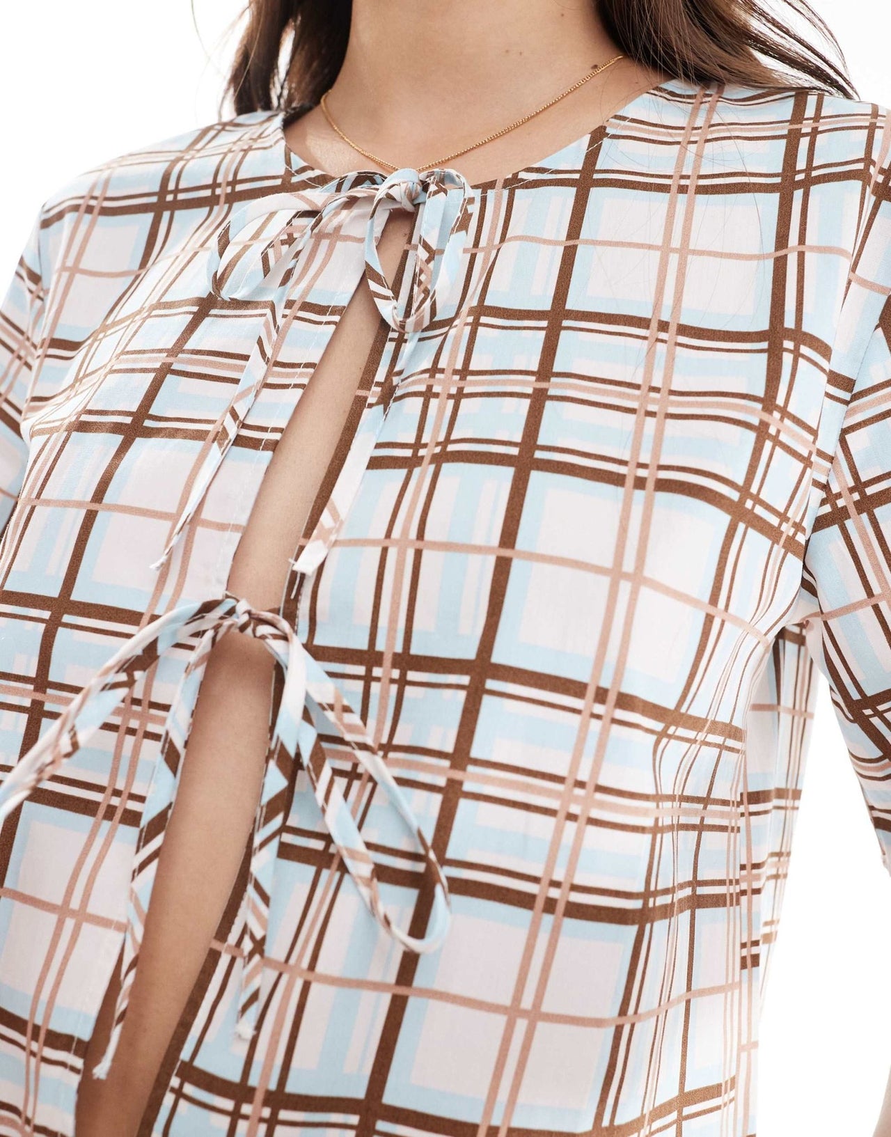 ONLY tie front tiered mini dress in brown check - ASOS Sample Sale