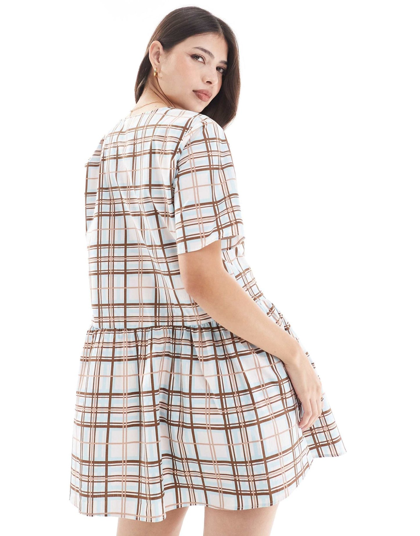 ONLY tie front tiered mini dress in brown check - ASOS Sample Sale